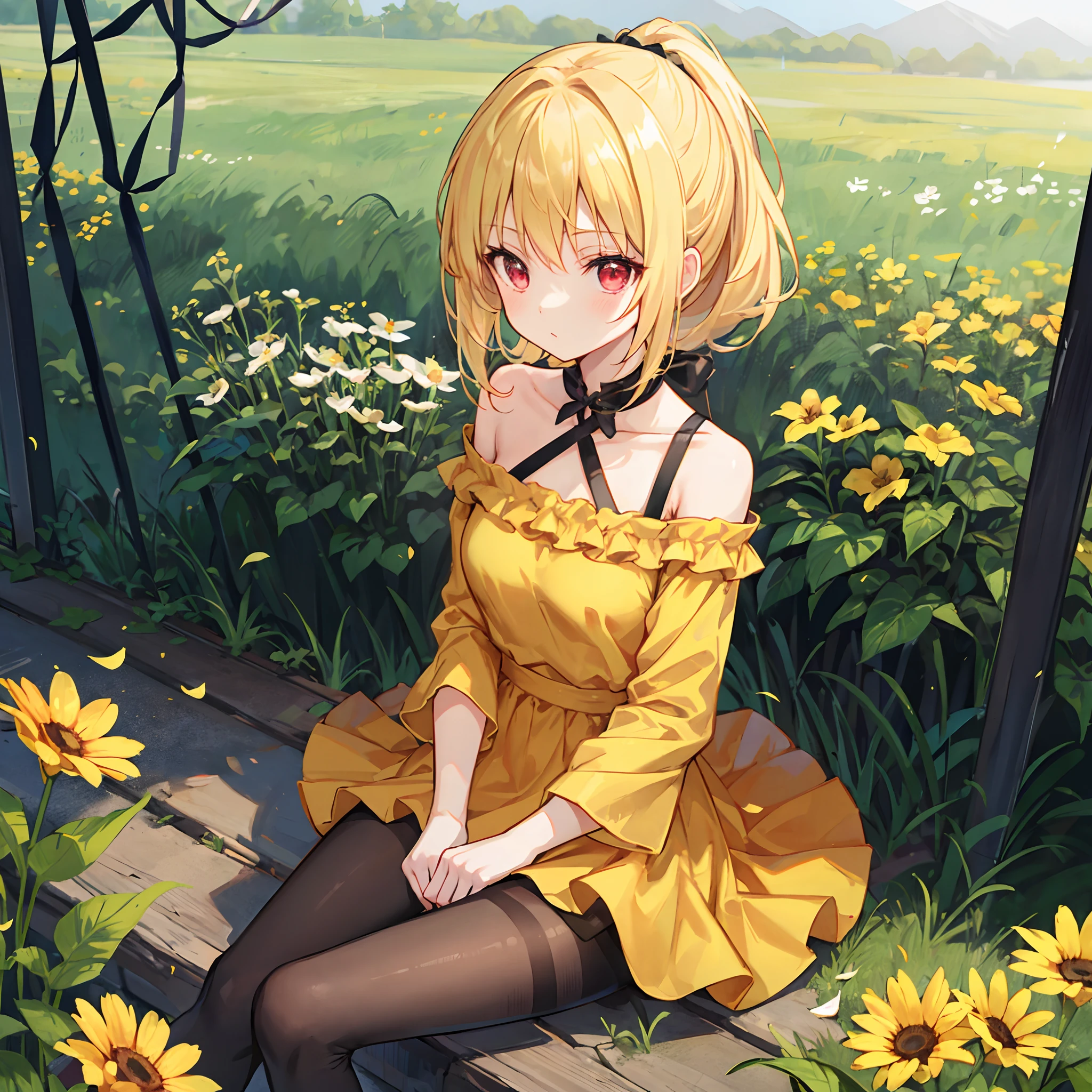a blond、poneyTail、red eyes、Beautiful girl alone、Yellow dress、off shoulders、a miniskirt、Black tights、sitting on、flower  field