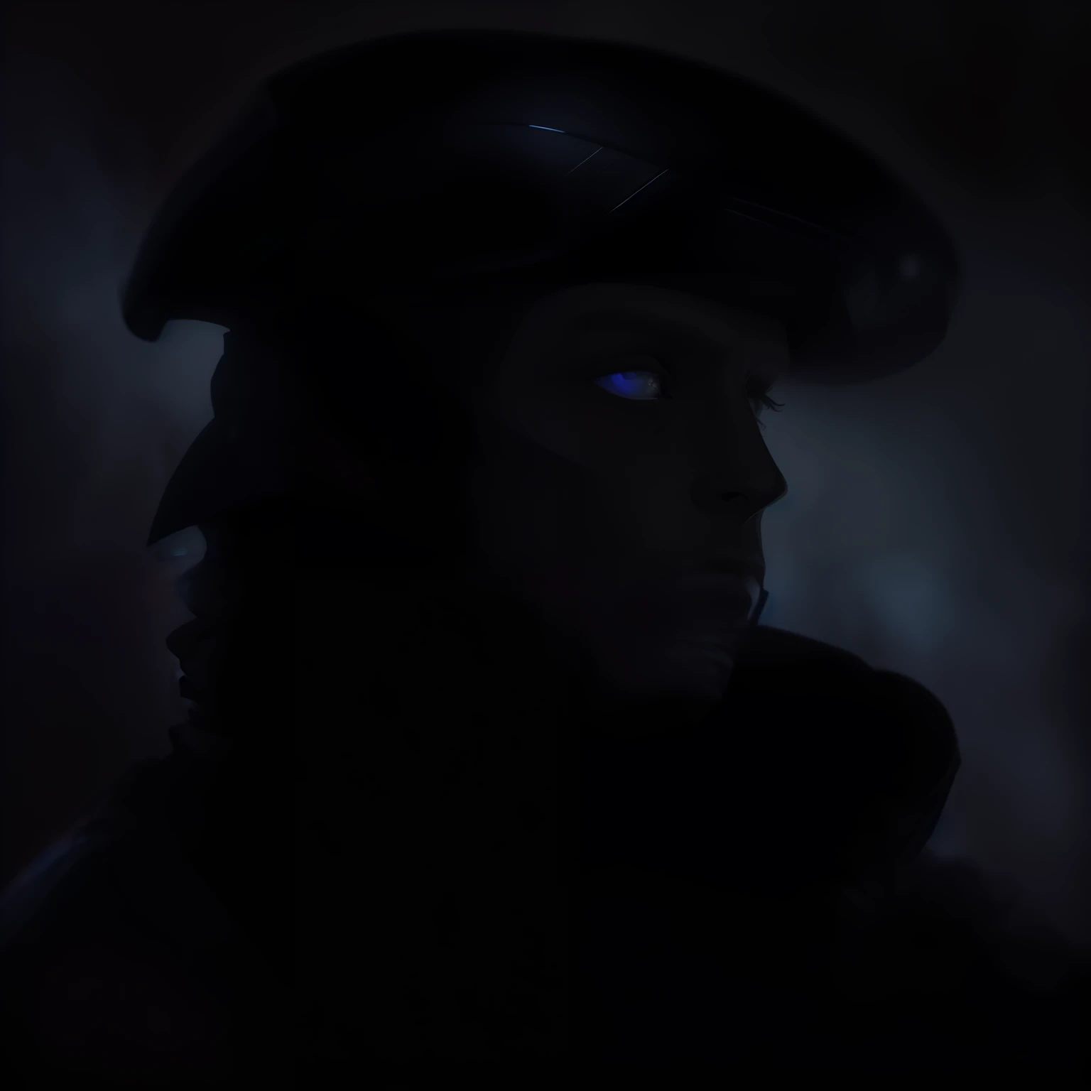 Um soldado com um uniforme sci-fi preto, com um capacete preto e fechado com olhos vermelhos e brilhantes no visor que esconde seu rosto, his uniform is stained with blood, He's inside an abandoned facility, distopia, terror