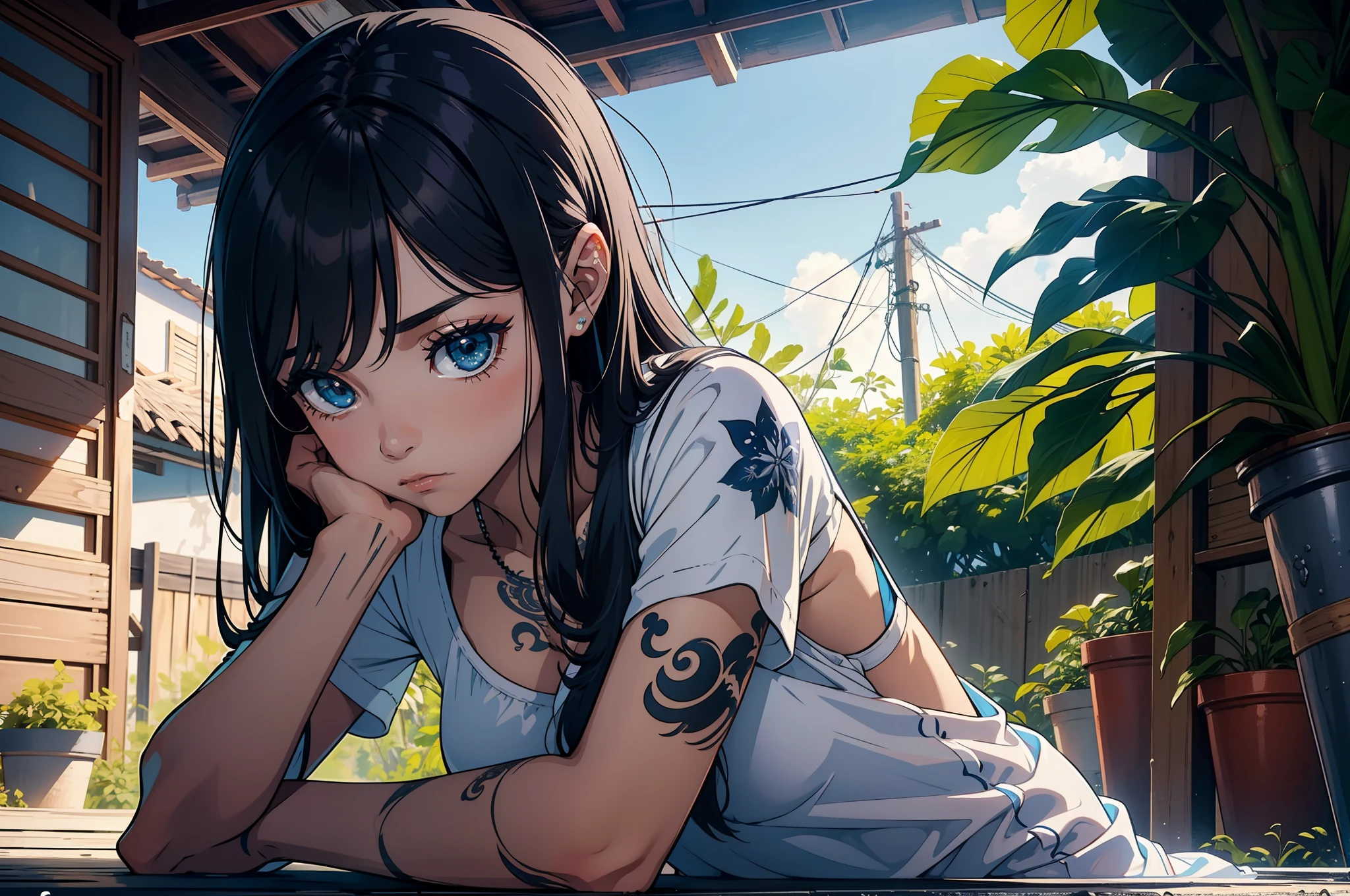 (Antecedentes muito detalhados:1.0), (Antecedentes altamente detalhados:1.0), (master part), alta qualidade, 1girl, Woman, tatuagem, Irezumi, profundidade de campo, dynamic lighting, sombras de alta qualidade, Feminino, decote mergulhante, cortinas de peito, revelando roupas, , vestido branco, Reze, cabelo preto, rosto fofo, fundo praia, mar azul