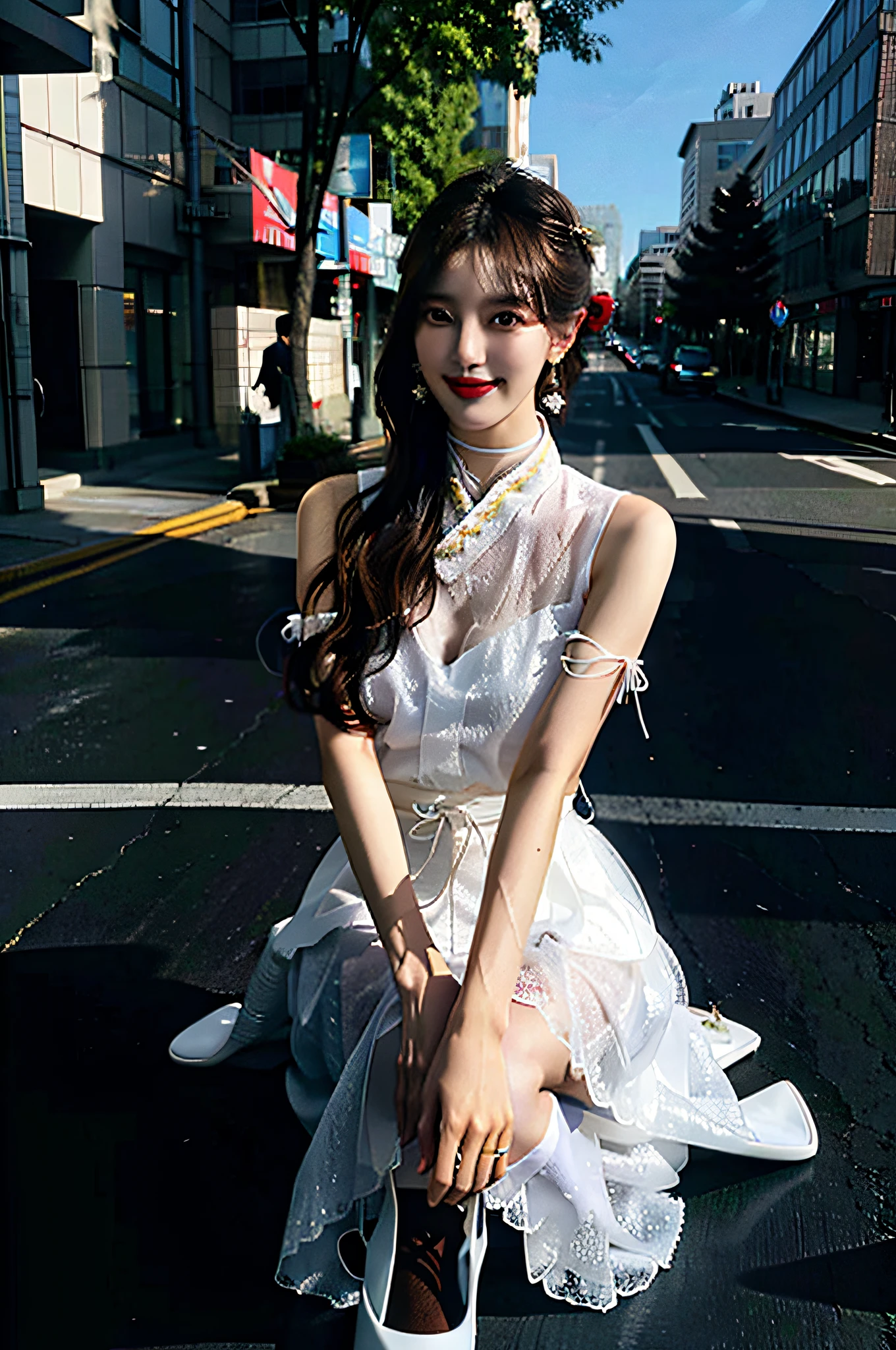 Delicate, masutepiece, Beautiful detailed, colourfull, Finely detailed,Detailed lips, Intricate details, (1 woman:1.1), (a gorgeous beautiful 30 age years old sexy korean woman:1.1),(Kpop Idol, Korean mixed), (Tied hair:1.1), (50mm Sigma f/1.4 ZEISS lens, F1.4, 1/800s, ISO 100, fotograpy:1.1), large full breasts,(Photorealistic:1.1), Solo, up looking_で_viewer, Tall lady, ,Happy smile, from a_front, earrings, slim_Legs, skinny, Thigh_the gap, Model, Lens Flare, Choker,(hanbok+See-through silhouette, Wedge Heel:1.3), korean commentary, Korean_Street, Korean_traditional_Duan,1boy, Open leg sitting, vaginal, POV,