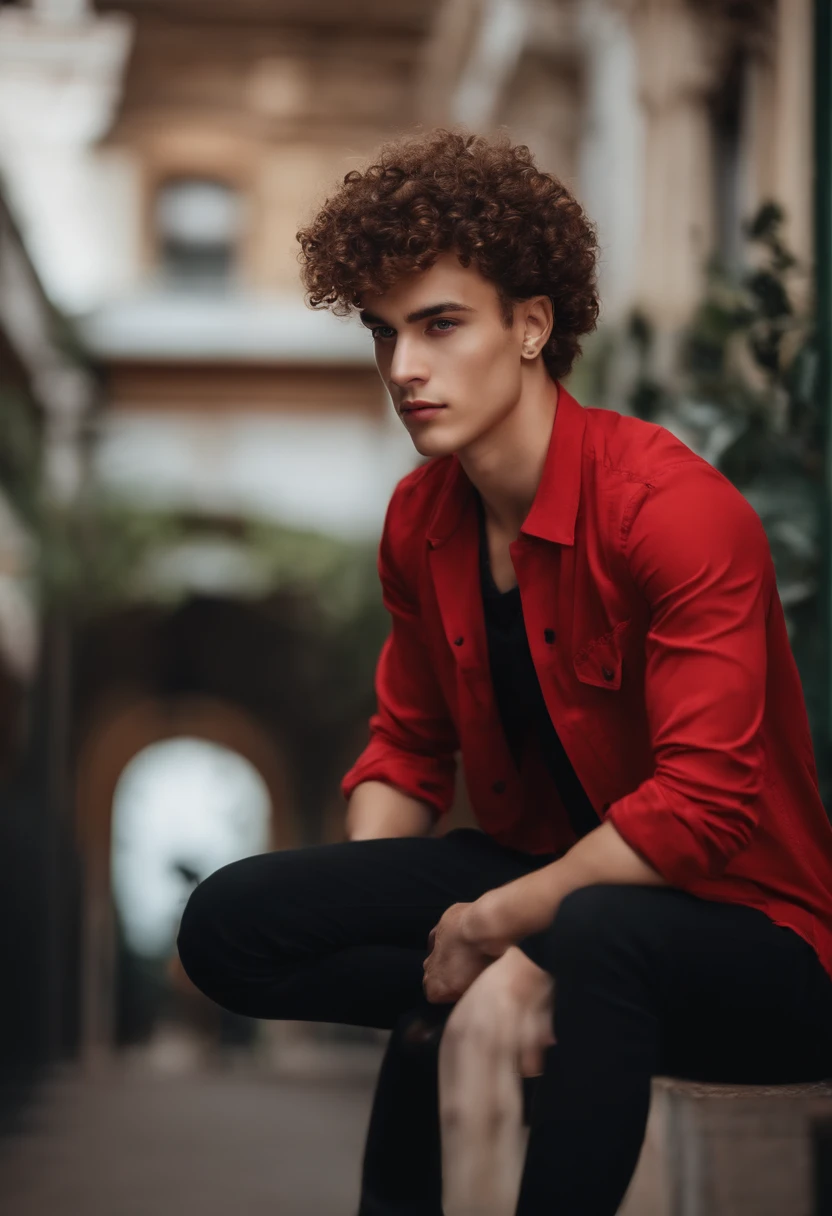 Red shirt boy with curly hair with head shaved from the sides degrade skinny looking at the camera