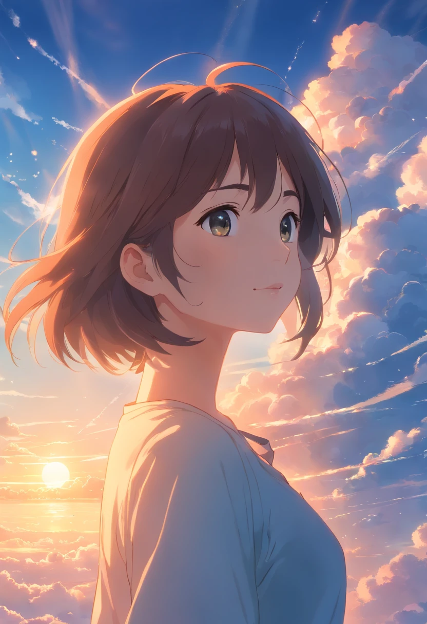 masterpiece, best quality, movie still, 1girl, cloud girl, floating in the sky, close-up, bright, happy, warm soft lighting, sunset, (sparks:0.7)