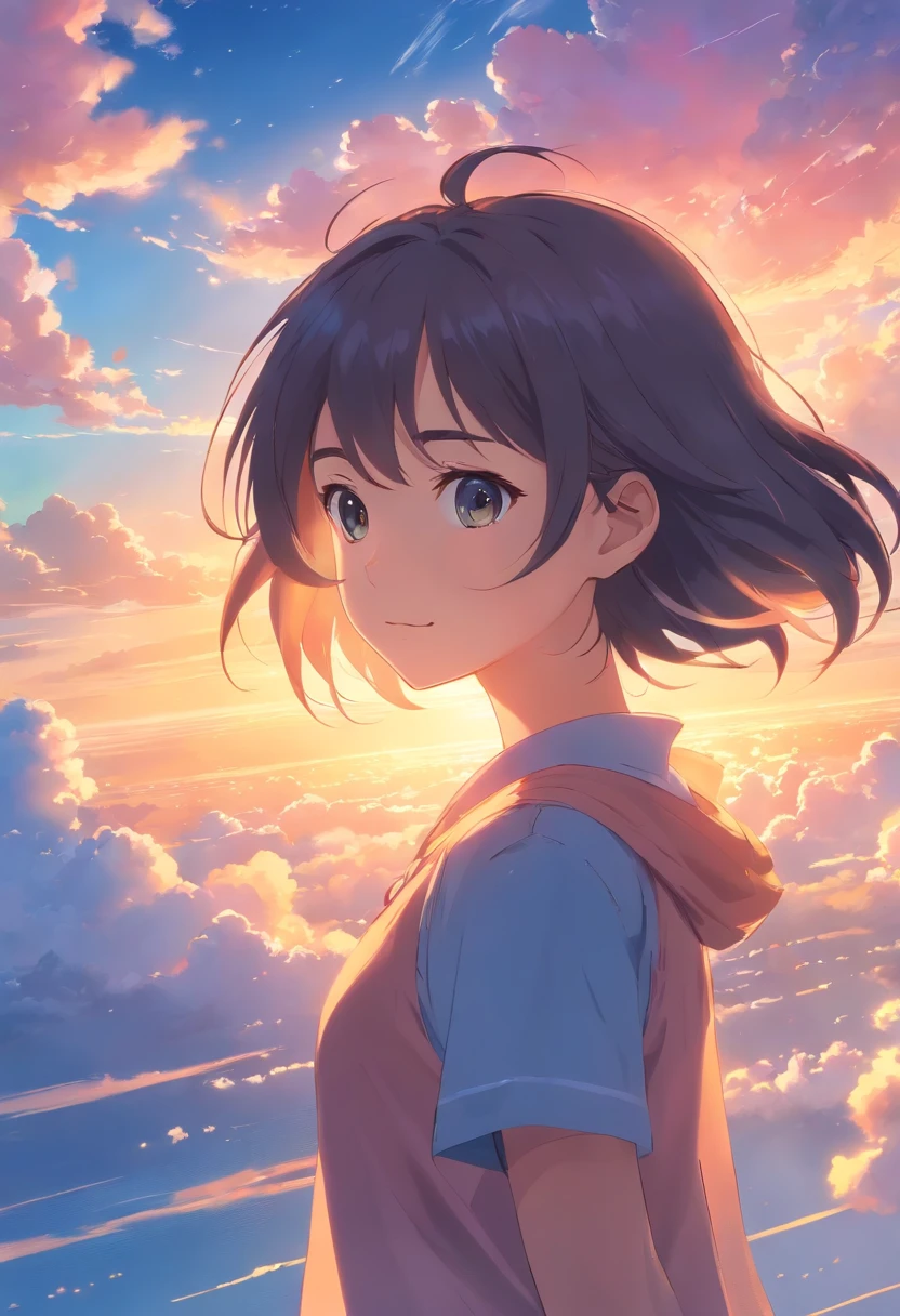 masterpiece, best quality, movie still, 1girl, cloud girl, floating in the sky, close-up, bright, happy, warm soft lighting, sunset, (sparks:0.7)