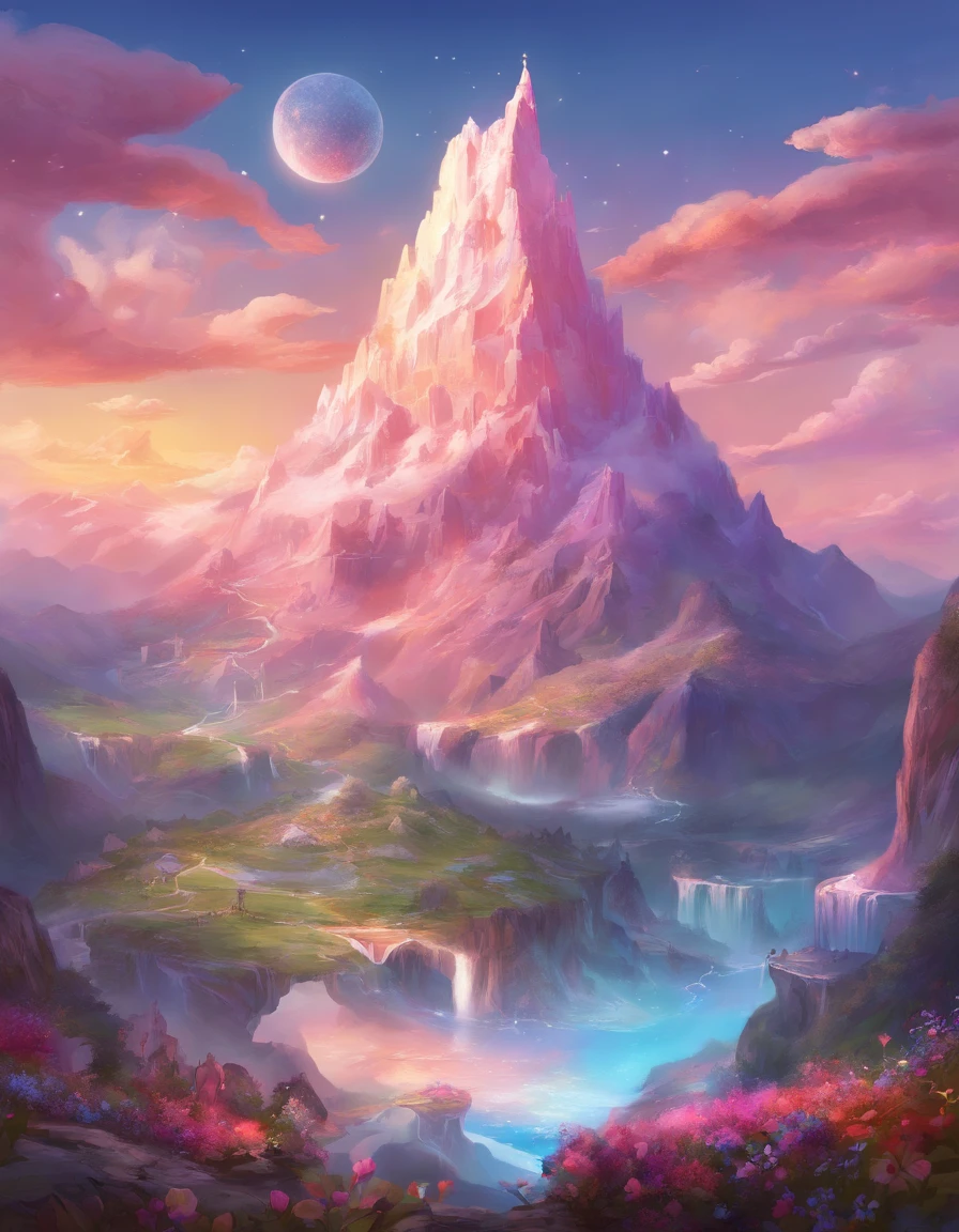 ,high high quality,8K,Many details,Ice cream is like a mountain,Little cherry,chocolate bar,The shape of the rotation is beautiful,adolable,Rich in color,Poster illustration,The foreground is surrounded by wildflowers,Advertising poster advertising promotion,Beautifully composed,Far Mountain,rosy clouds