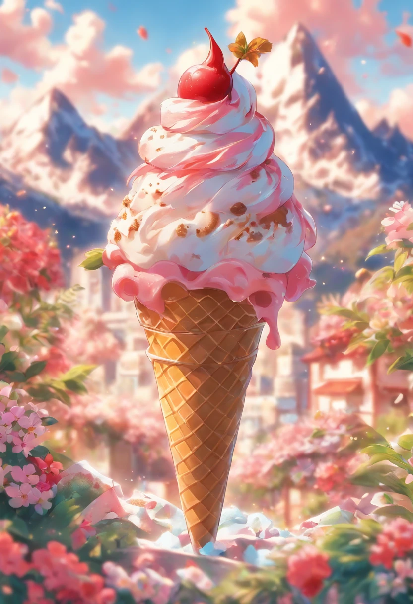 ,high high quality,8K,Many details,Ice cream is like a mountain,Little cherry,chocolate bar,The shape of the rotation is beautiful,adolable,Rich in color,Poster illustration,The foreground is surrounded by wildflowers,Advertising poster advertising promotion,Beautifully composed,Far Mountain,rosy clouds