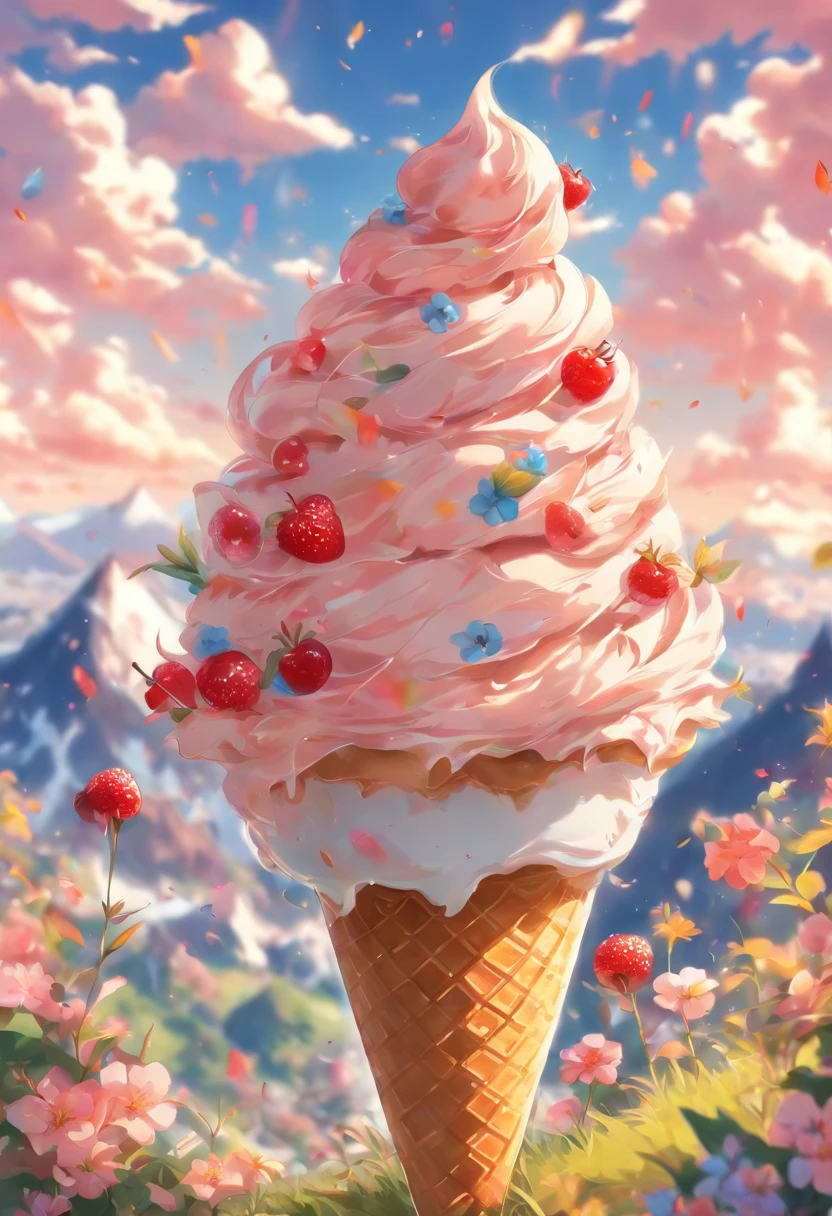 ,high high quality,8K,Many details,Ice cream is like a mountain,Little cherry,chocolate bar,The shape of the rotation is beautiful,adolable,Rich in color,Poster illustration,The foreground is surrounded by wildflowers,Advertising poster advertising promotion,Beautifully composed,Far Mountain,rosy clouds