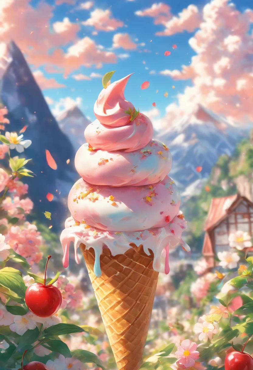,high high quality,8K,Many details,Ice cream is like a mountain,Little cherry,chocolate bar,The shape of the rotation is beautiful,adolable,Rich in color,Poster illustration,The foreground is surrounded by wildflowers,Advertising poster advertising promotion,Beautifully composed,Far Mountain,rosy clouds