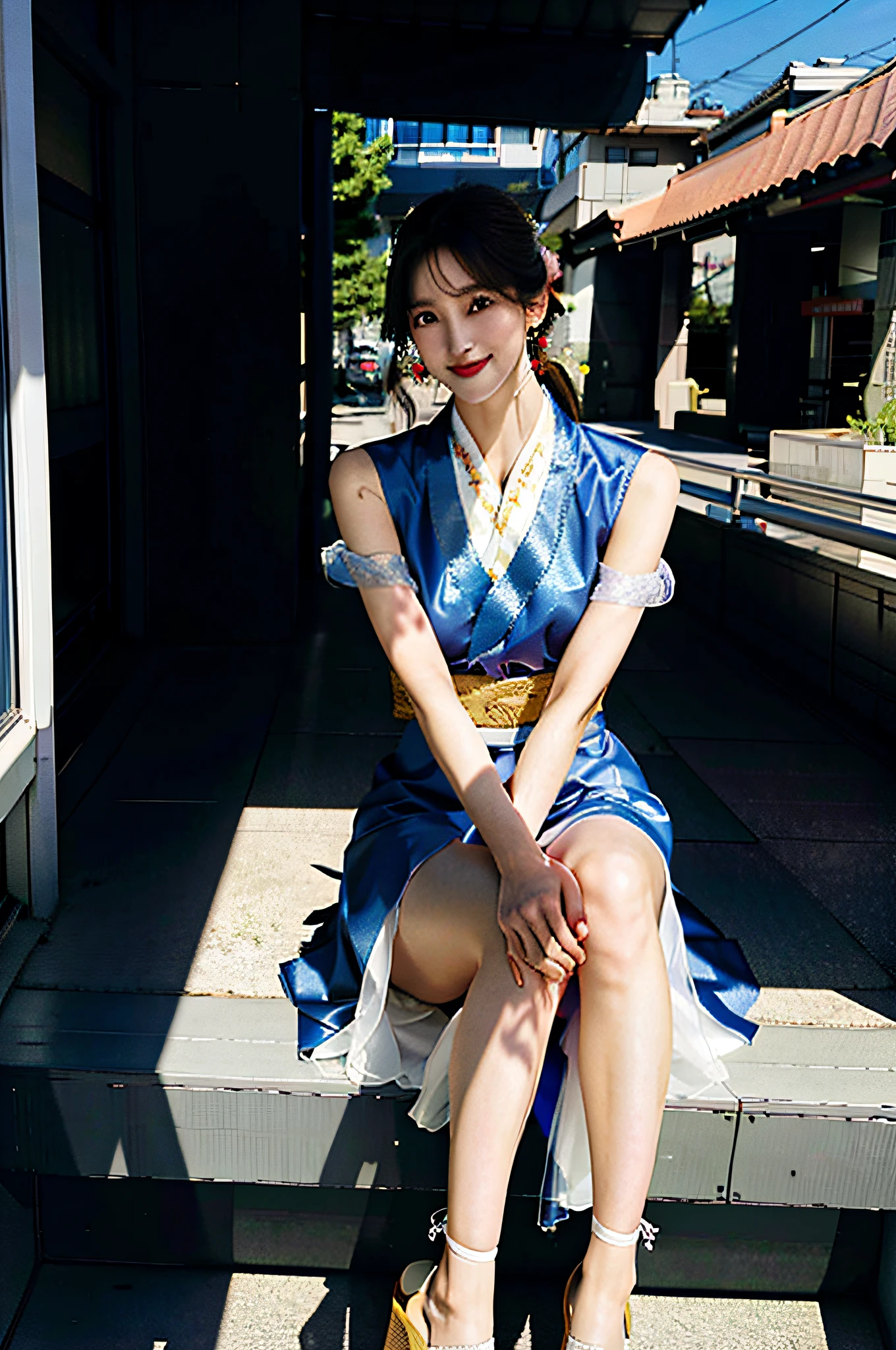 Delicate, masutepiece, Beautiful detailed, colourfull, Finely detailed,Detailed lips, Intricate details, (1 woman:1.1), (a gorgeous beautiful 30 age years old sexy korean woman:1.1),(Kpop Idol, Korean mixed), (Tied hair:1.1), (50mm Sigma f/1.4 ZEISS lens, F1.4, 1/800s, ISO 100, fotograpy:1.1), large full breasts,(Photorealistic:1.1), Solo, up looking_で_viewer, Tall lady, ,Happy smile, from a_front, earrings, slim_Legs, skinny, Thigh_the gap, Model, Lens Flare, Choker,(hanbok+See-through silhouette, Wedge Heel:1.3), korean commentary, Korean_Street, Korean_traditional_Duan,1boy, Open leg sitting, vaginal, POV,