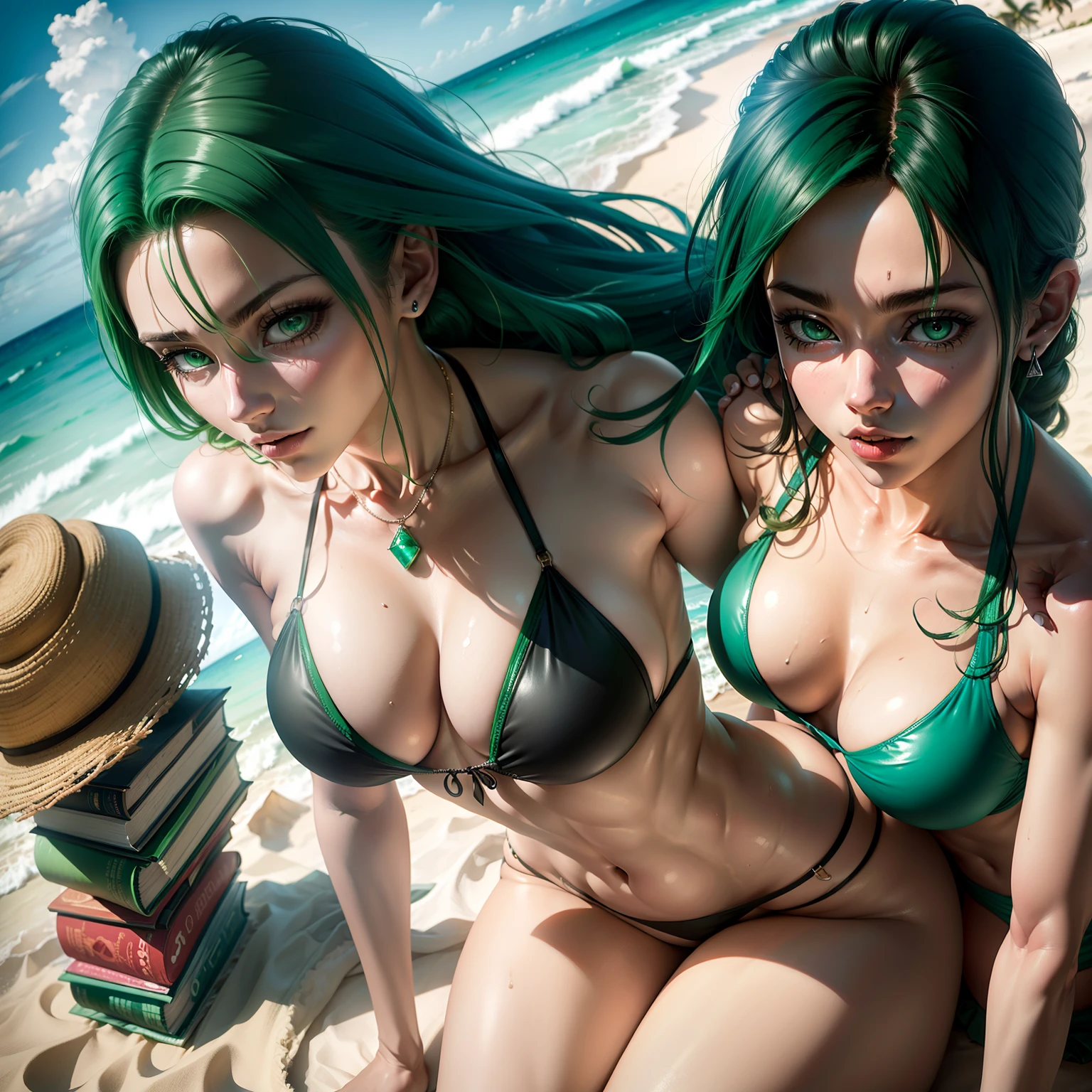 Zoro de one piece mulher,peitos grandes,bonita,cabelo longo,cabelo verde,cicatriz no olho,olho verde,bikini verde,ultra realista,praia,realista.