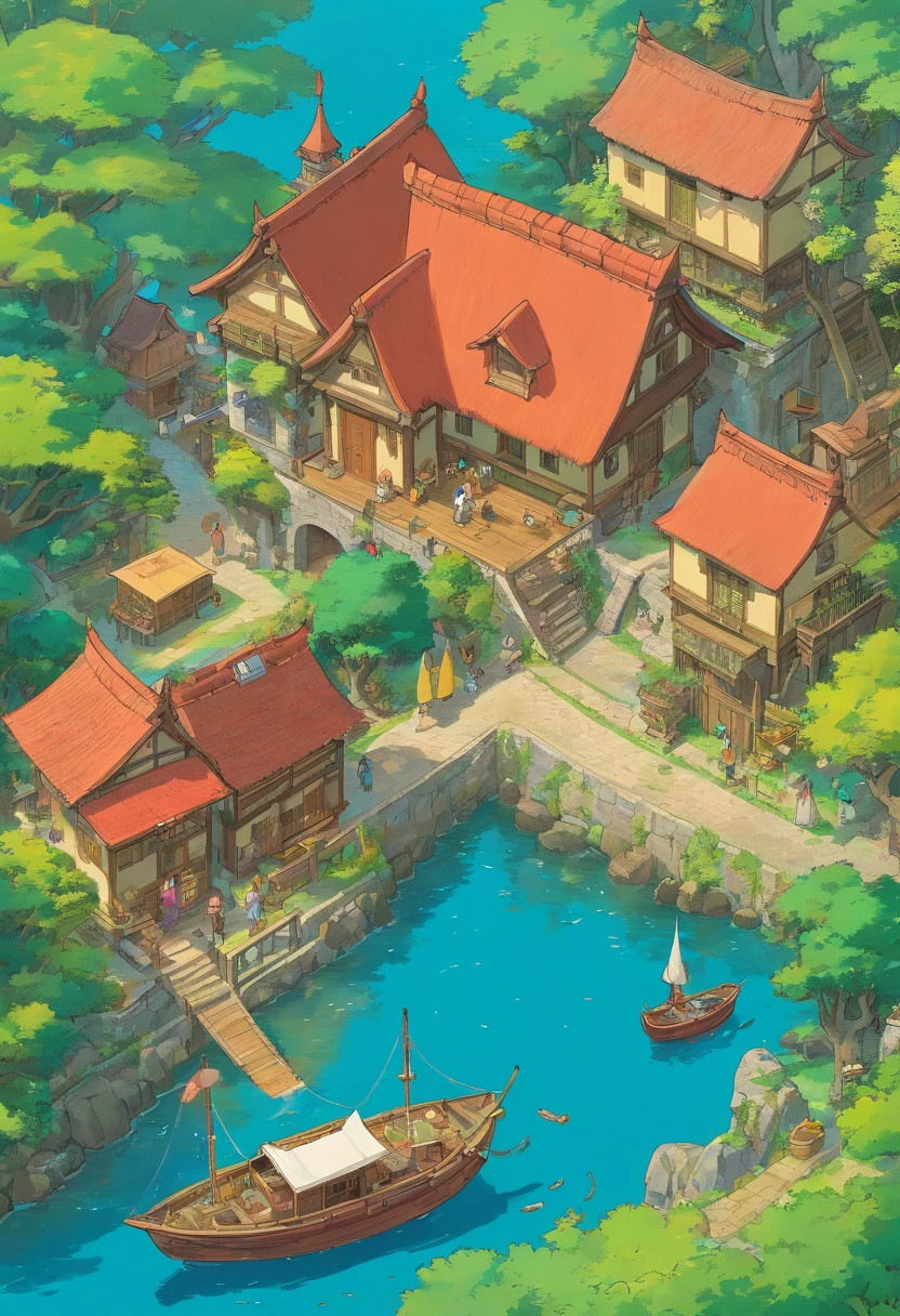 Draw a map of the treasure hunt having a house and a boat