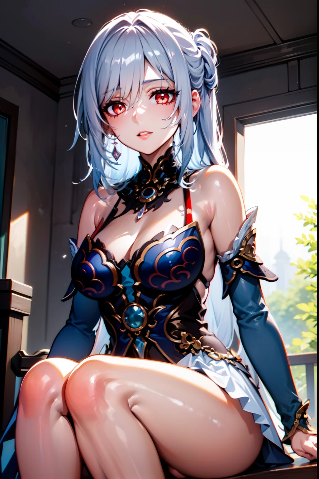 (masterpiece, best quality, ultra-detailed), 1girl, JingliuHSR, red eyes, long hair, looking at viewer, indoors, sitting
