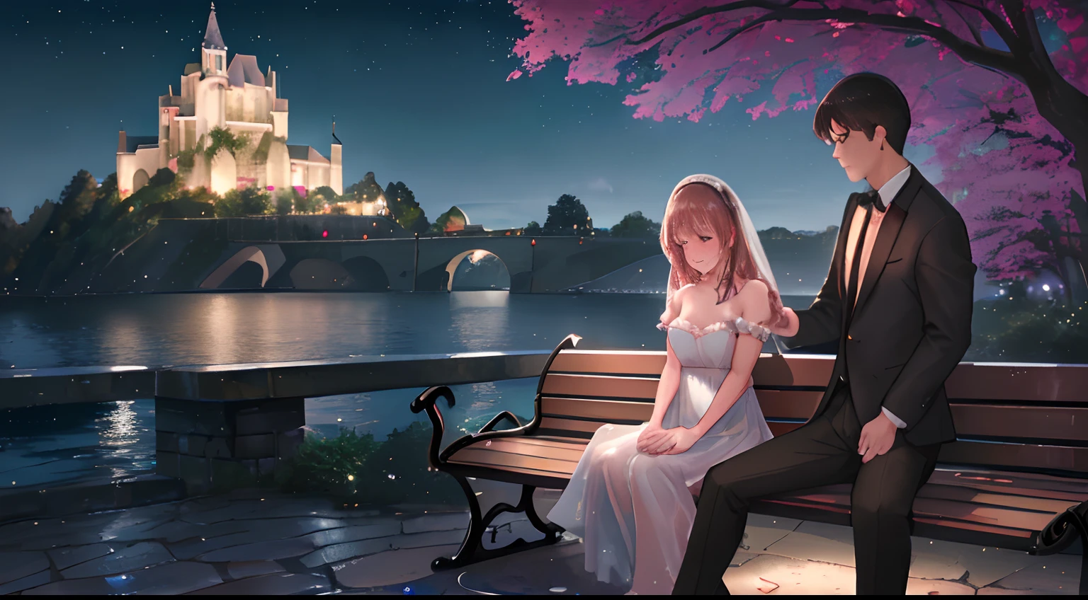 Intimate and high-quality photos of (a couple:1.2), Sit up (Benches:1.1), (Enchanting light:1.1), Sexy, Passionate, Exquisitely detailed, (Sweat:1.1) with (Glittering water droplets:1.1), Castle background, Sony Alpha 7R IV Camera, digital photo, F/2.8 lens, black-red, , Too many realistic textures, Social Media Trends, Night light