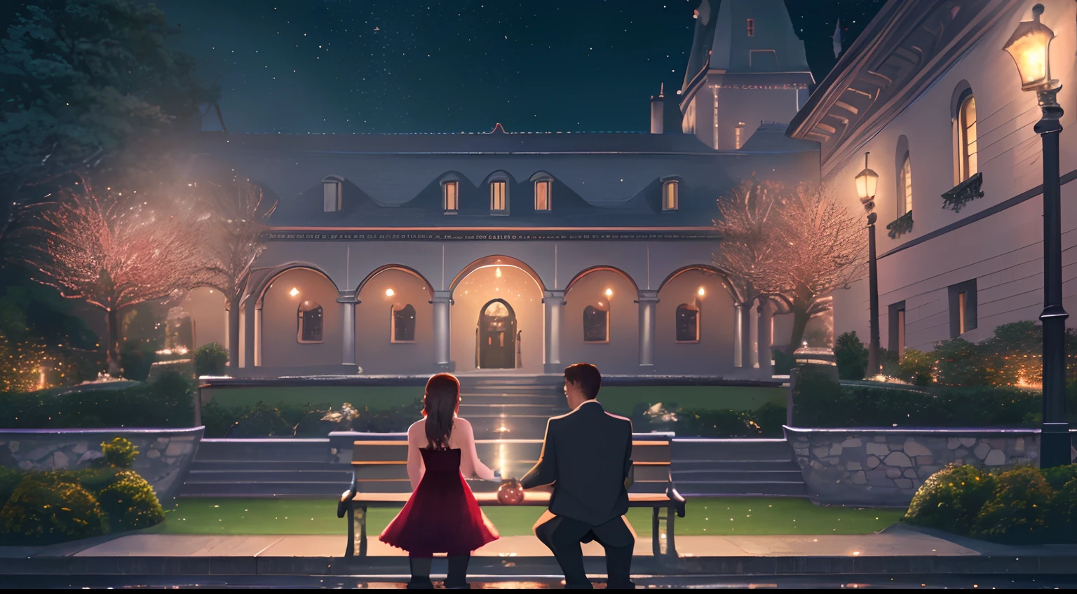 Intimate and high-quality photos of (a couple:1.2), Sit up (Benches:1.1), (Enchanting light:1.1), Sexy, Passionate, Exquisitely detailed, (Sweat:1.1) with (Glittering water droplets:1.1), Castle background, Sony Alpha 7R IV Camera, digital photo, F/2.8 lens, black-red, , Too many realistic textures, Social Media Trends, Night light