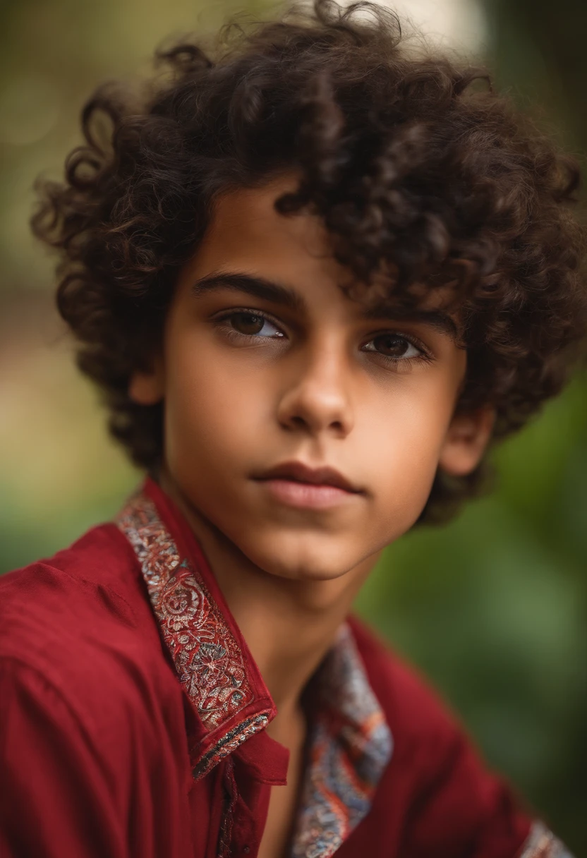 Latin brunette boy with short curly hair with head shaved from the sides, camisa vermelha e magro