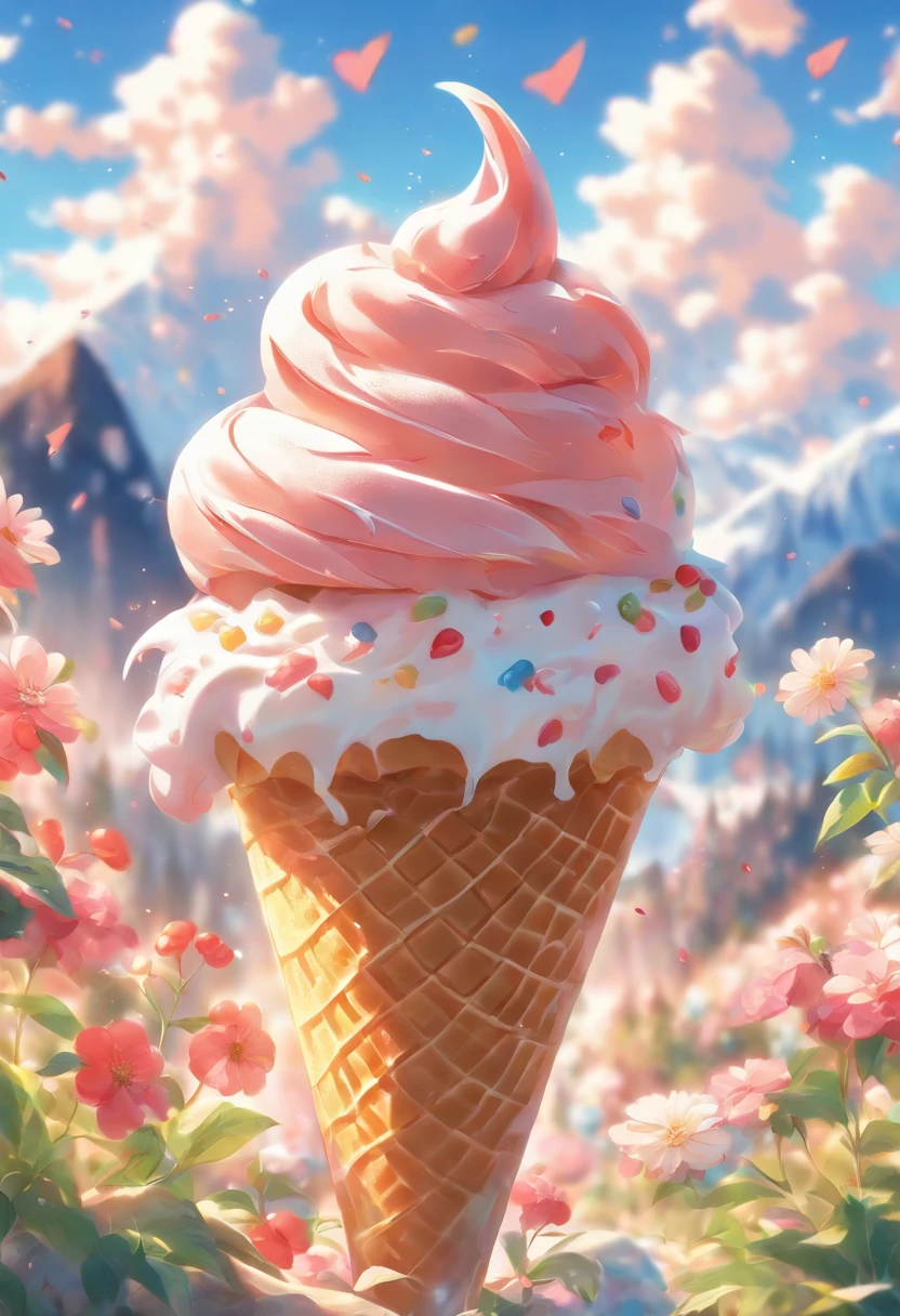 ,high high quality,8K,Many details,Ice cream is like a mountain,Little cherry,chocolate bar,The shape of the rotation is beautiful,adolable,Rich in color,Poster illustration,The foreground is surrounded by wildflowers,Advertising poster advertising promotion,Beautifully composed,Far Mountain,rosy clouds