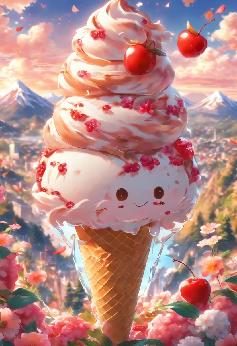 ,high high quality,8K,Many details,Ice cream is like a mountain,Little cherry,chocolate bar,The shape of the rotation is beautiful,adolable,Rich in color,Poster illustration,The foreground is surrounded by wildflowers,Advertising poster advertising promotion,Beautifully composed,Far Mountain,rosy clouds