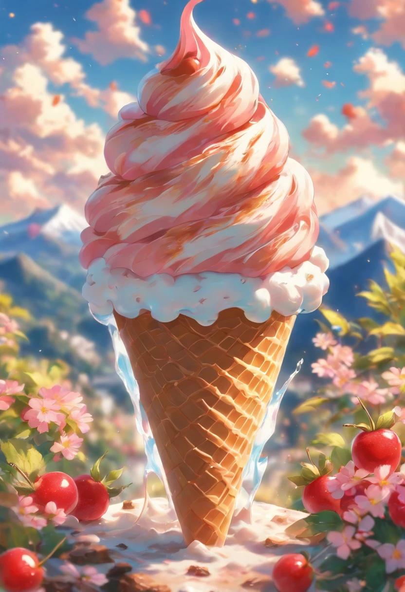 ,high high quality,8K,Many details,Ice cream is like a mountain,Little cherry,chocolate bar,The shape of the rotation is beautiful,adolable,Rich in color,Poster illustration,The foreground is surrounded by wildflowers,Advertising poster advertising promotion,Beautifully composed,Far Mountain,rosy clouds