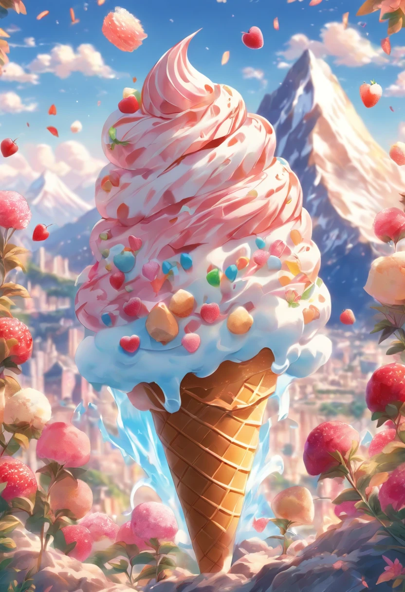 ,high high quality,8K,Many details,Ice cream is like a mountain,Little cherry,chocolate bar,The shape of the rotation is beautiful,adolable,Rich in color,Poster illustration,The foreground is surrounded by wildflowers,Advertising poster advertising promotion,Beautifully composed,Far Mountain,rosy clouds