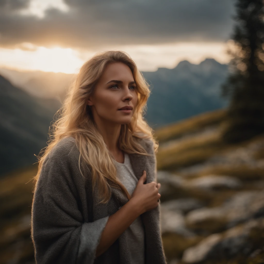 (photorealistic), female, blonde, looking into the camera, beautiful lighting, best quality, realistic, whole figure, real image, intricate details, depth of field, mountain tourist, in summer landscape, highly detailed, high, Fujifilm XT3, outdoors, bright day, beautiful lighting, RAW photo, 8k uhd, film grain, ((bokeh))