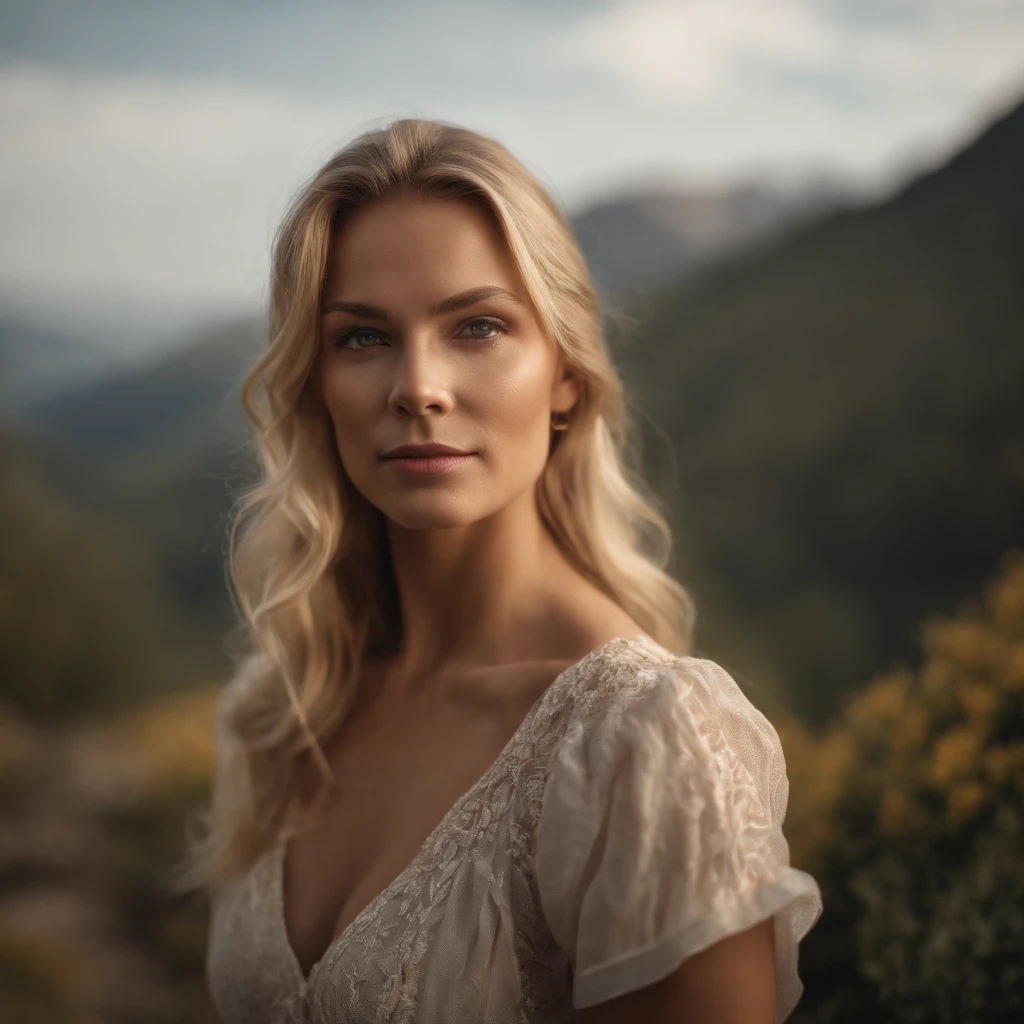 (photorealistic), female, blonde, looking into the camera, beautiful lighting, best quality, realistic, whole figure, real image, intricate details, depth of field, mountain tourist, in summer landscape, highly detailed, high, Fujifilm XT3, outdoors, bright day, beautiful lighting, RAW photo, 8k uhd, film grain, ((bokeh))