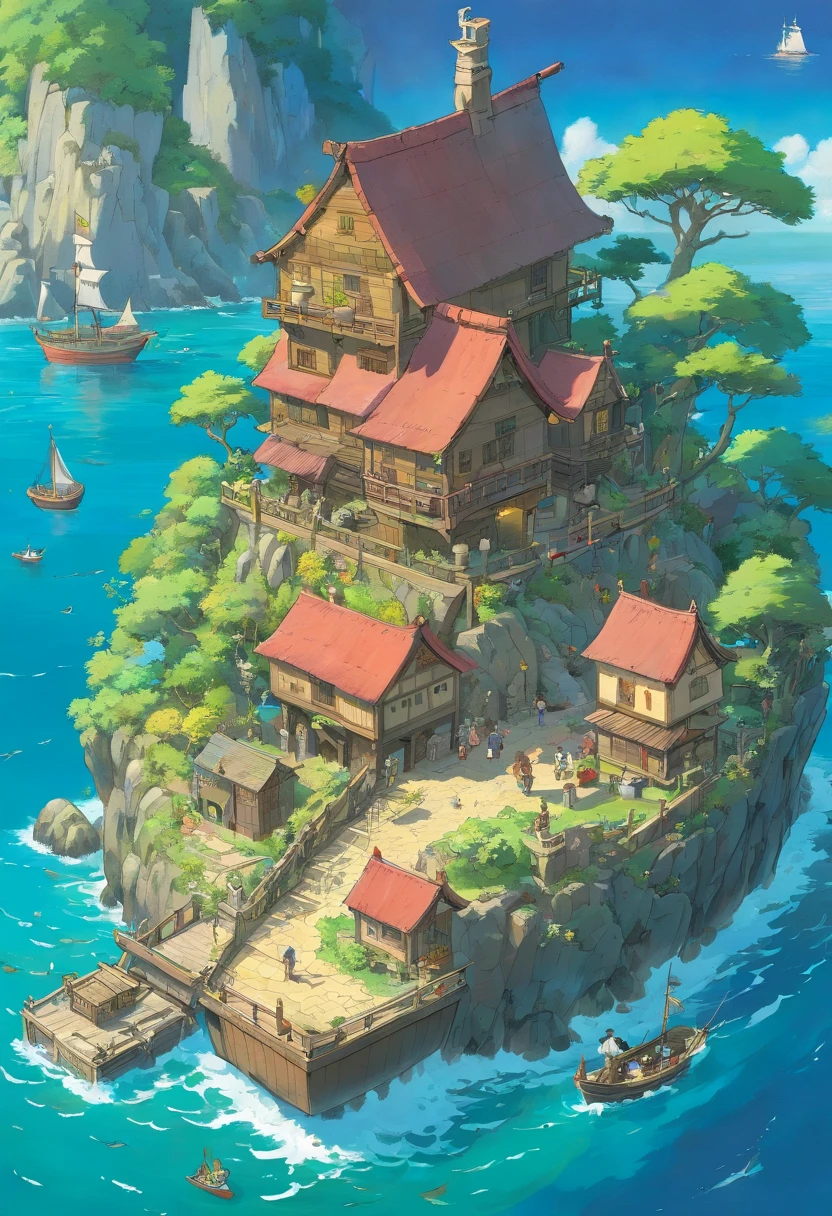 Draw a map of the treasure hunt having a house and a boat with the theme of the pirates