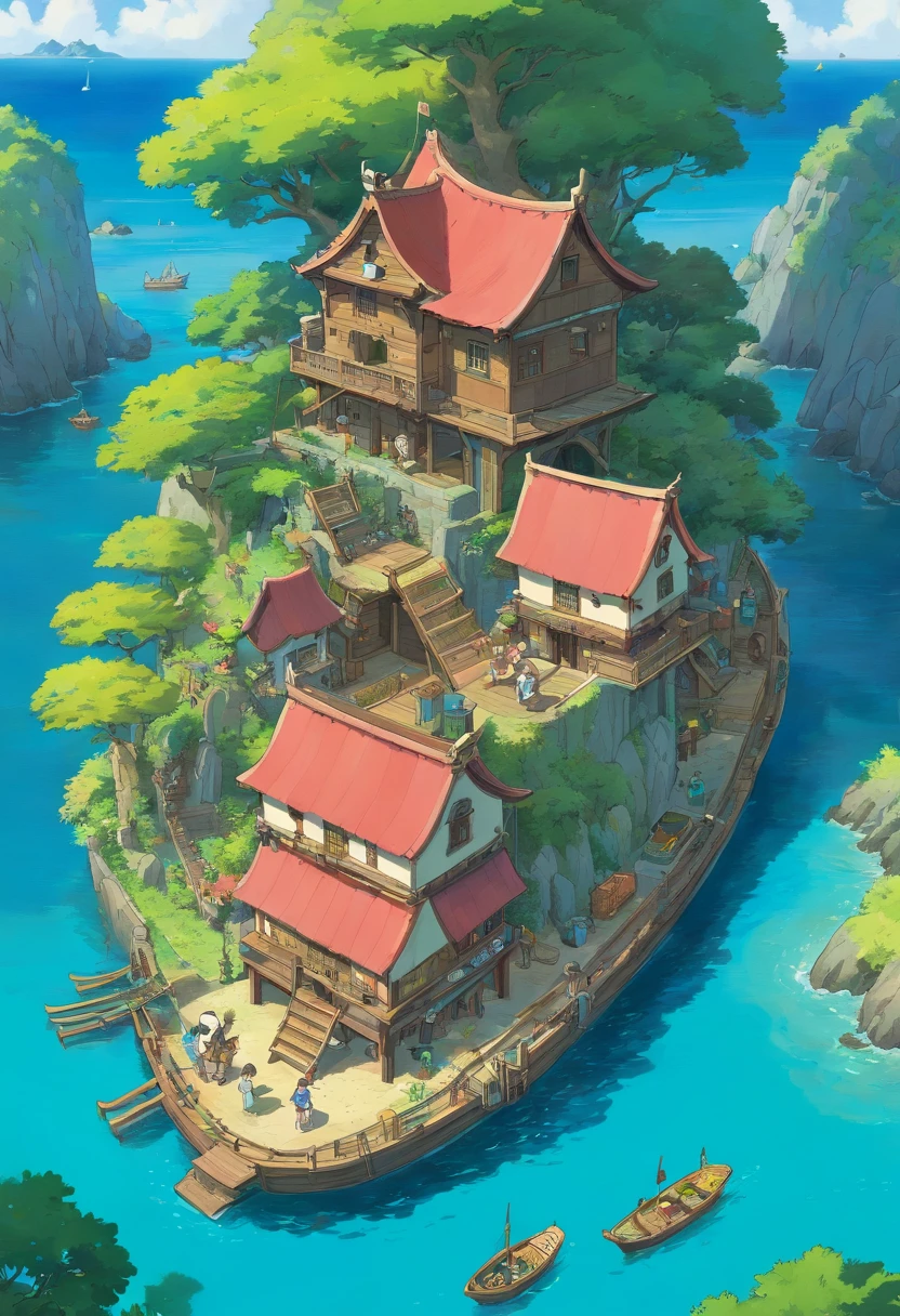 Draw a map of the treasure hunt having a house and a boat with the theme of the pirates