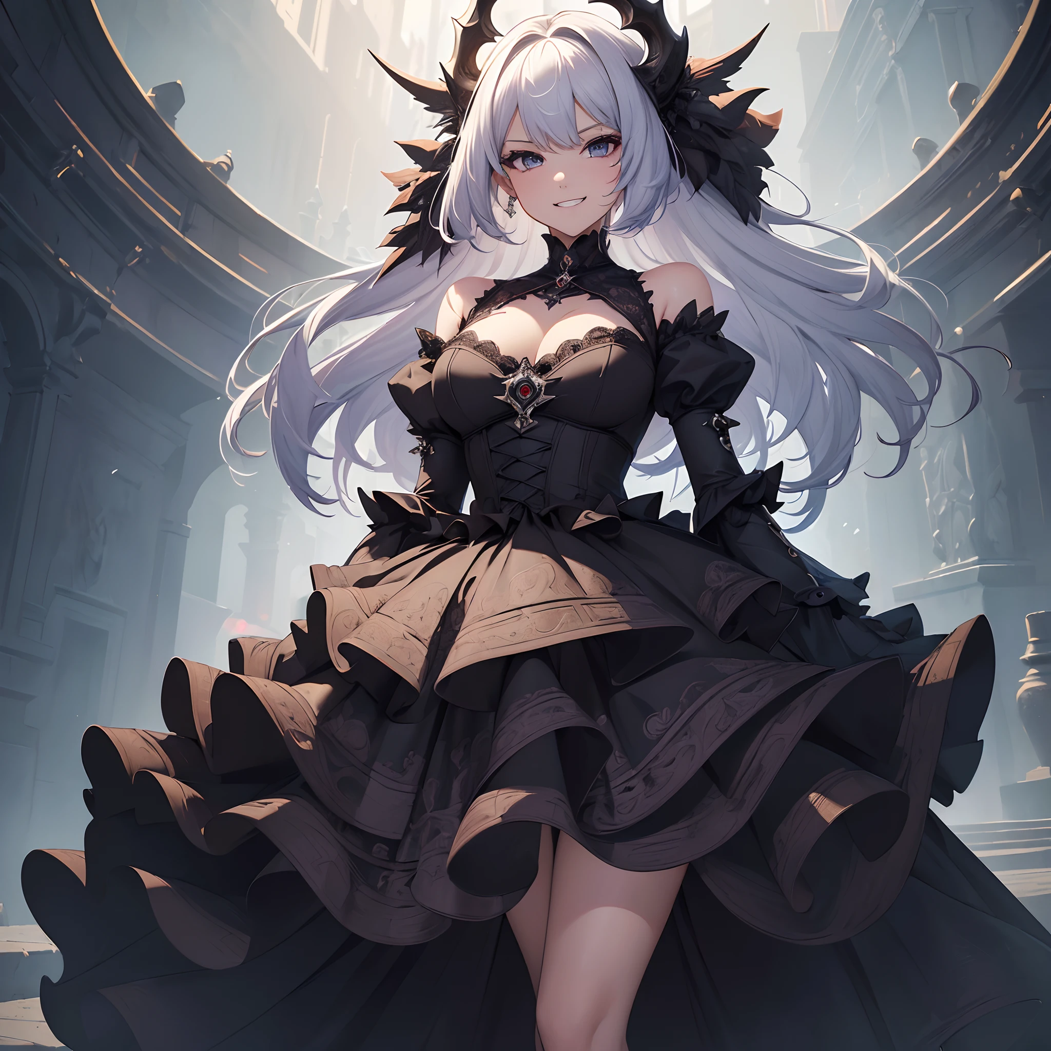 ((top-quality)), ((masterpiece)), ((ultra-detailliert)),(8k wallpaper:1.2),(Ultra-high resolution:1.2),(masterpiece:1.1),wallpaper,High quality,(High detail),(absurdres, highres, ultra detailed),( best quality:1.2),1 girl, wearing a black dress,crazy grin,monster queen, beautiful, absolutely stunning art, extremely detailed, highest quality digital art