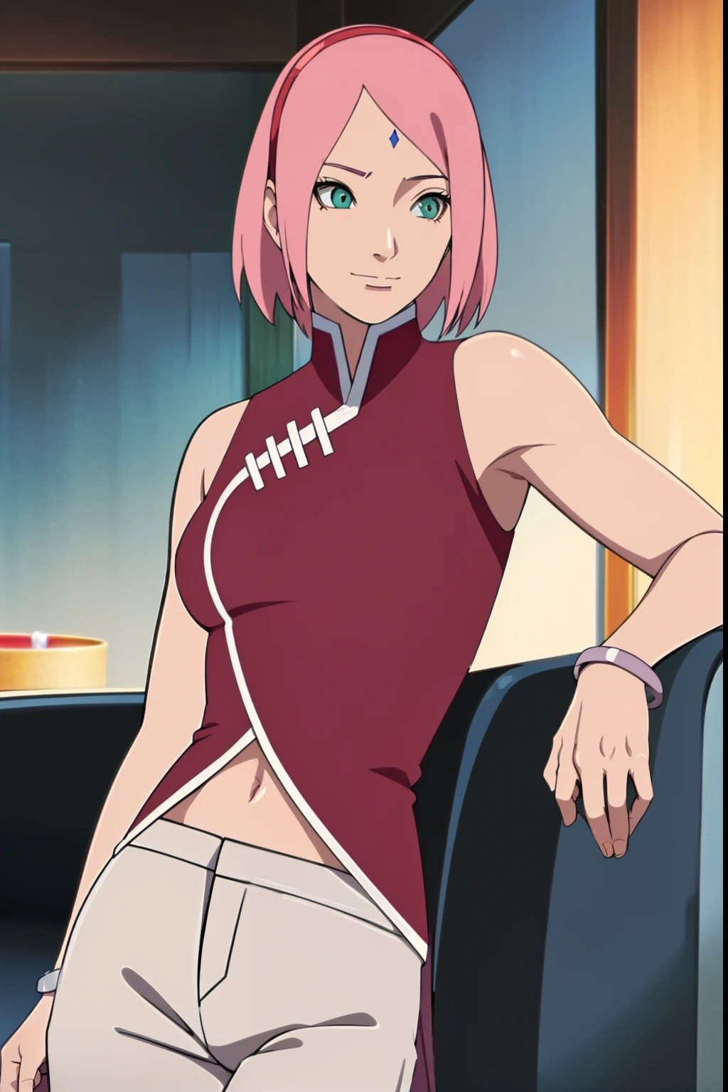 masterpiece, 4k, portrait, cowboy shot, (night), professional artwork, intricate details, colorful, digital blending, (ultra detailed body, ultra detail hair, ultra detail face), trending on pixiv, kind smile, best quality, anime style: 1.9, 1girl, hires, haruno sakura, (forehead mark, milf, red hairband, pale skin, (small breasts), short hair, ((red sleeveless dress,), white pants), (navel, belly button, slender body, slender belly, bracelet, pink hair, closed mouth, big eyes), smile, beach, wind, floating hair, detailed arms, off-shoulders, broad shoulders, (slightly muscular arms, slightly strong biceps), armpit on couch, rips, , fancy couch, relaxing, (hand leaning on couch, laying)
