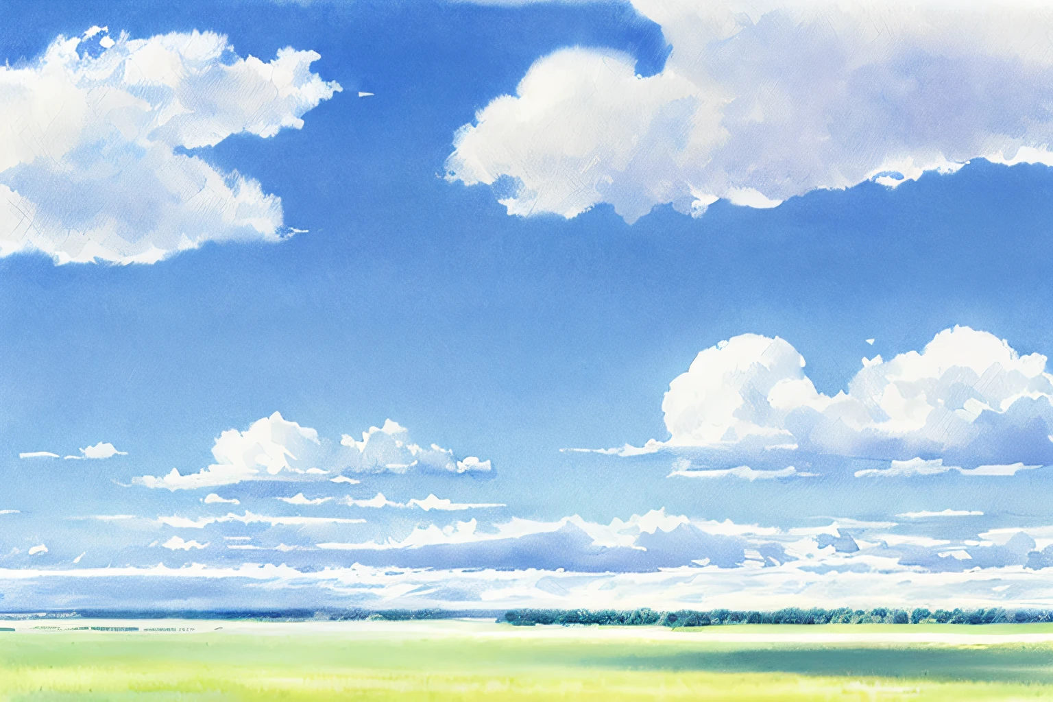 (best quality,realistic),clear blue sky,white fluffy clouds,painting style,watercolor texture,brushstrokes