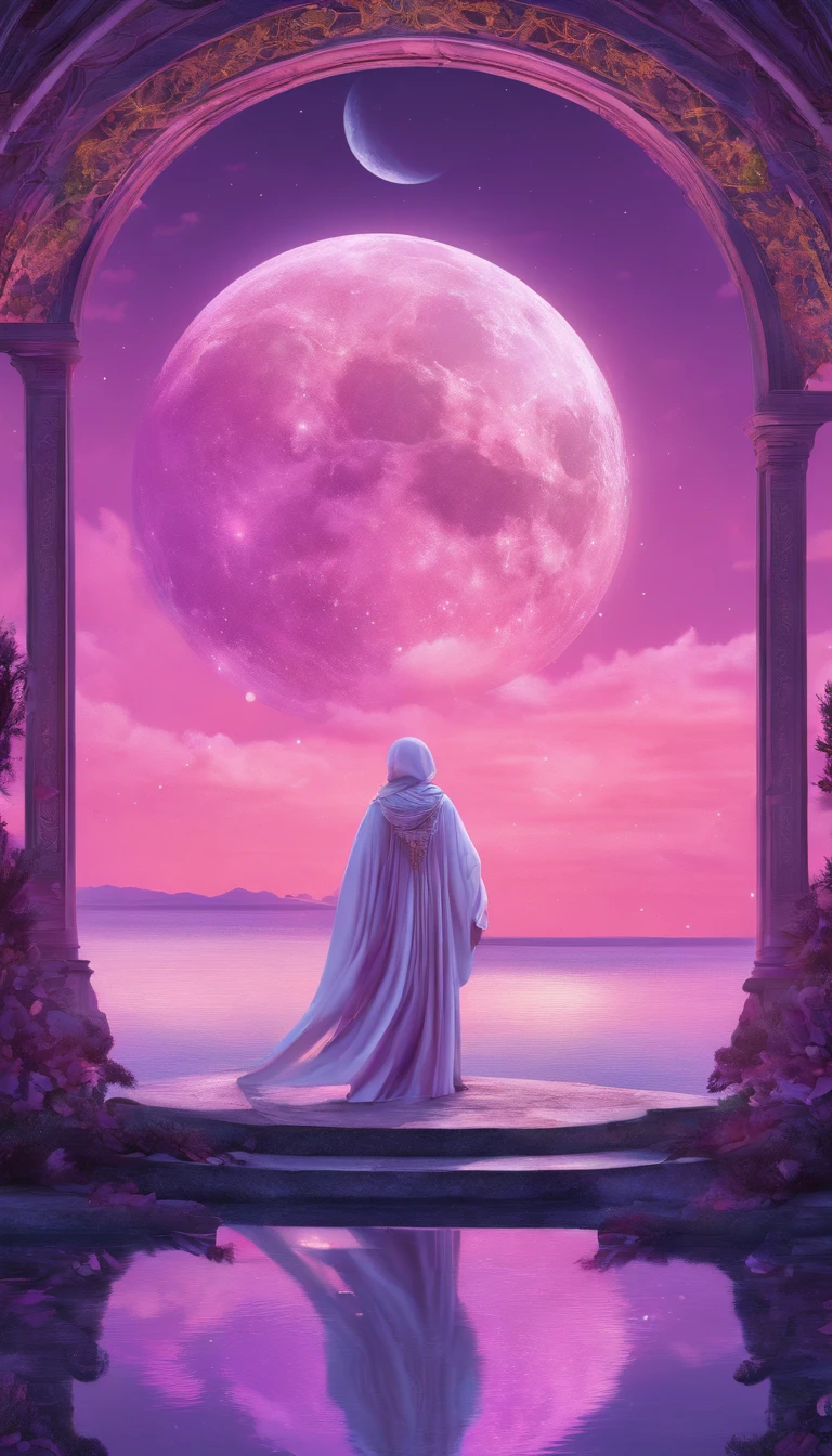 A distant cosmic being, standing with a pink cloak, below an inverted U-shaped portal. The feminine cosmic being with a staff resting on the watery ground in one hand and a lit lantern in the other hand, facing the portal and back to the screen, against a background of violet, blue, and purple, a sky full of stars, with a large, bright Full Moon.