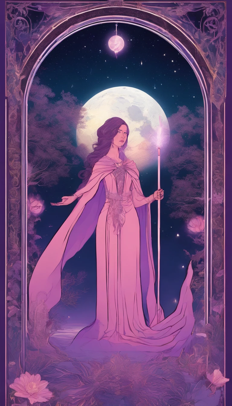 A distant cosmic being, standing with a pink cloak, below an inverted U-shaped portal. The feminine cosmic being with a staff resting on the watery ground in one hand and a lit lantern in the other hand, facing the portal and back to the screen, against a background of violet, blue, and purple, a sky full of stars, with a large, bright Full Moon.