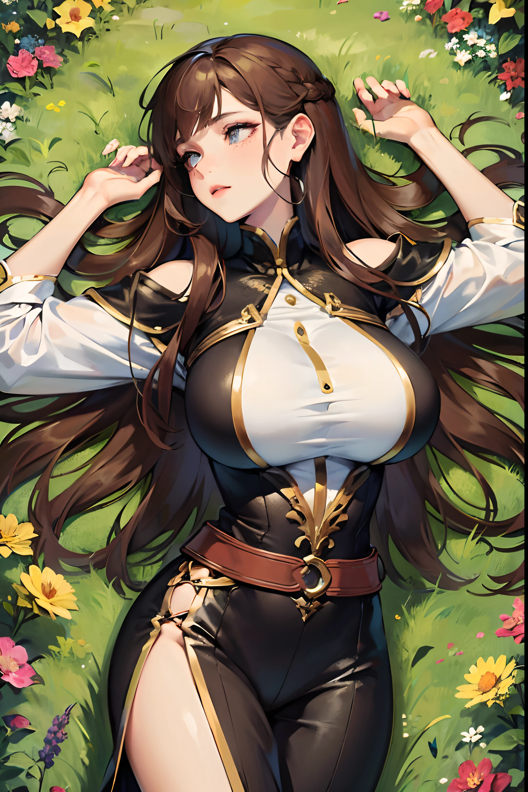 ((tmasterpiece))，(Best quality at best)，(A half body)，looks away，(ultra intricately detailed)，(Highest definition)，(8K)，(Clean lines)，(Perfect facial features，Perfect flesh)，(offcial art)，1girll，a druid，naturey，grassy，fresh flowers，(Animal skin clothing，Bear skin，Savage)，((Super super huge breasts))，Lying on the grass，hermit，Natural affinity，Brown messy hair，Extremely long hair，(Besticity)
