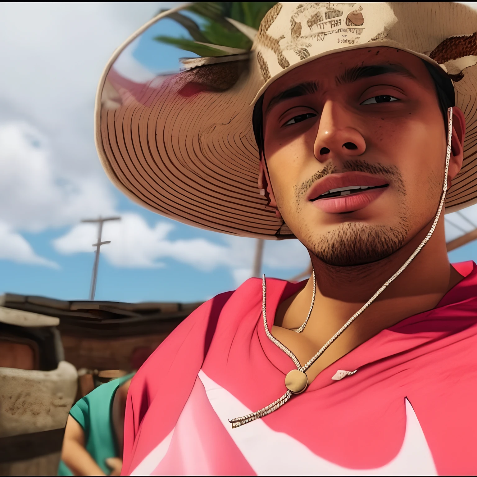 there is a man wearing a hat and a pink shirt, he is wearing a hat, estilo gta san andreas.