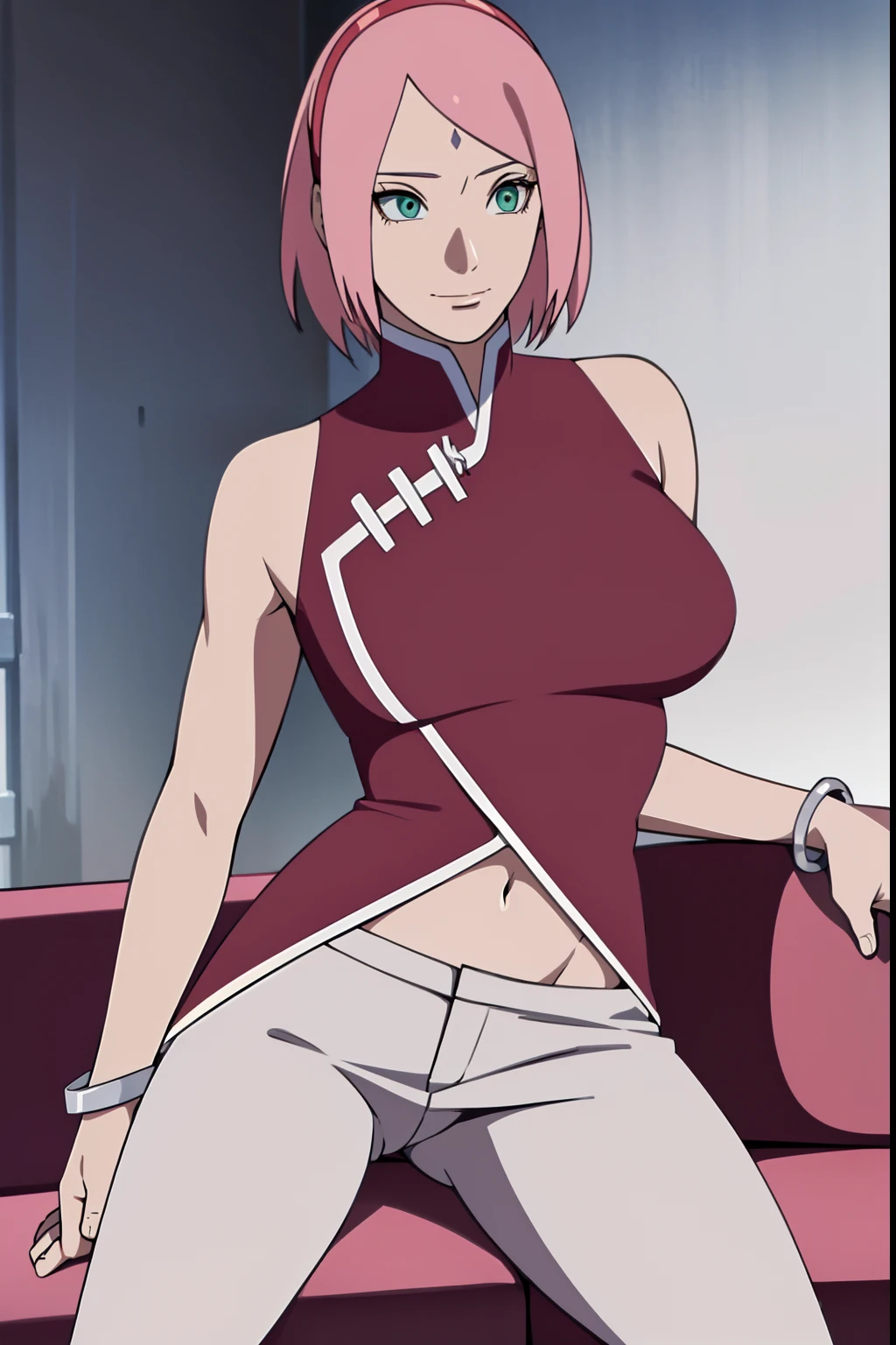masterpiece, 4k, portrait, cowboy shot, (night), professional artwork, intricate details, colorful, digital blending, (ultra detailed body, ultra detail hair, ultra detail face), trending on pixiv, kind smile, best quality, anime style: 1.9, 1girl, hires, haruno sakura, (forehead mark, milf, red hairband, pale skin, (small breasts), short hair, ((red sleeveless dress,), white pants), (navel, belly button, slender body, slender belly, bracelet, pink hair, closed mouth, big eyes), smile, beach, wind, floating hair, detailed arms, off-shoulders, broad shoulders, (slightly muscular arms, slightly strong biceps), armpit on couch, rips, , fancy couch, relaxing, (hand leaning on couch, laying)