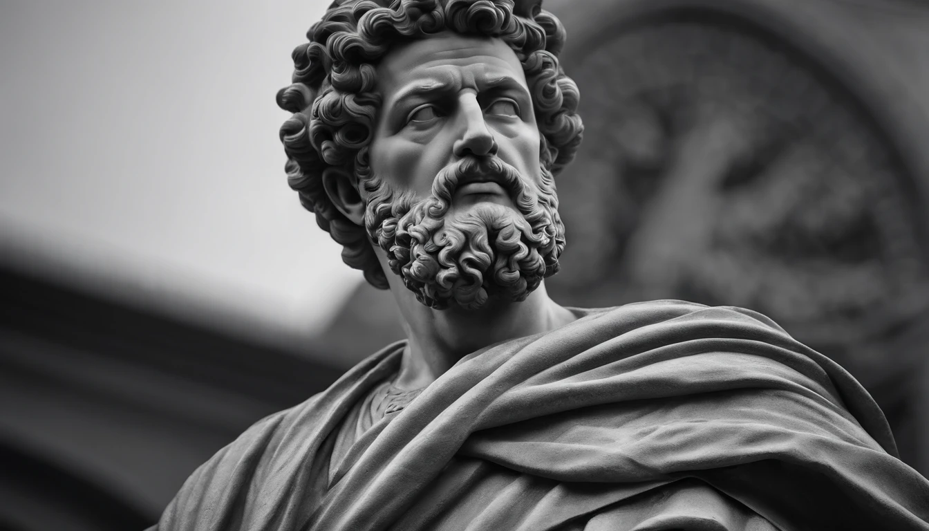 a portrait statue of the stoic Marcus Aurelius in black and white 4K,Face de lado, papel de parede super realista