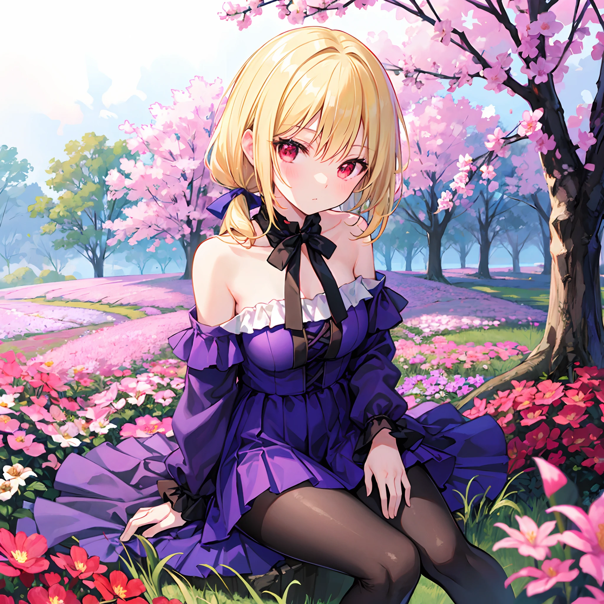 a blond、poneyTail、red eyes、Beautiful girl alone、Purple dress、off shoulders、a miniskirt、Black tights、sitting on、flower  field