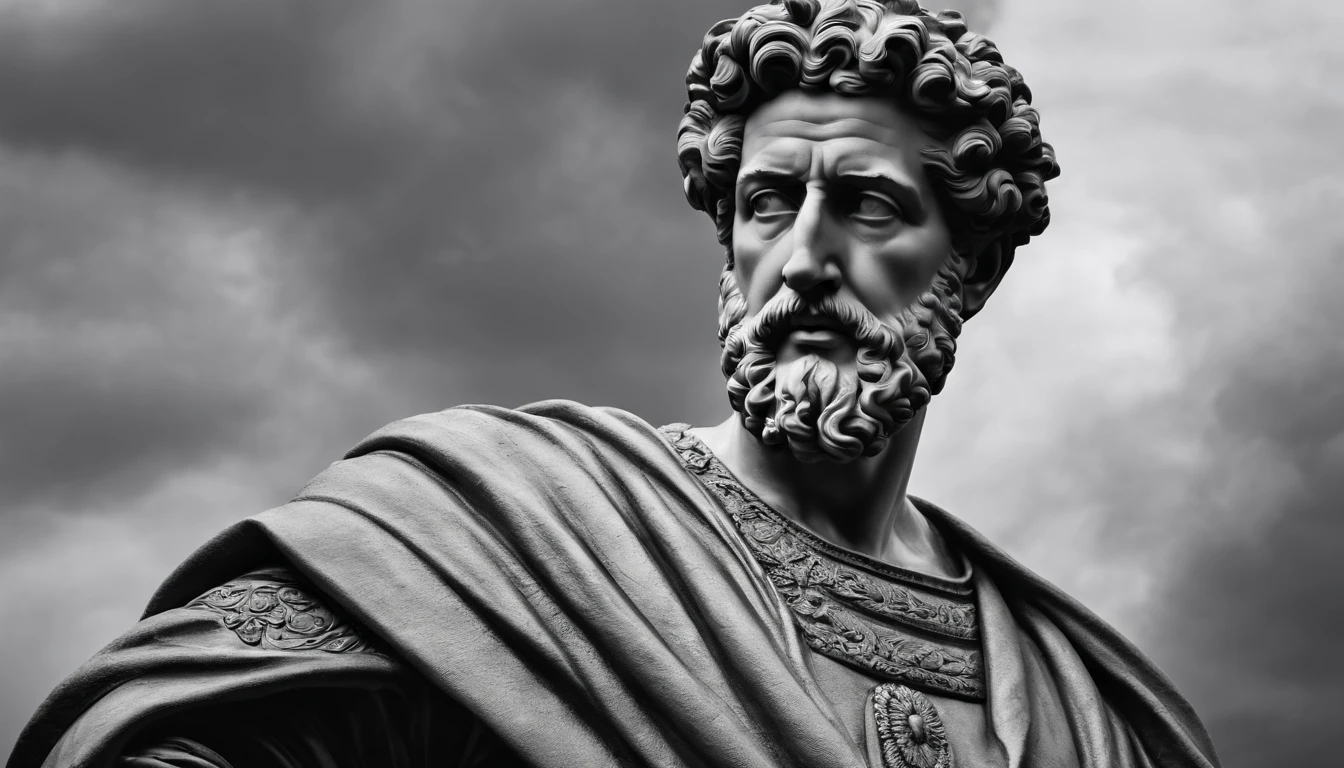 a portrait statue of the stoic Marcus Aurelius in black and white 4K,Face de lado, papel de parede super realista