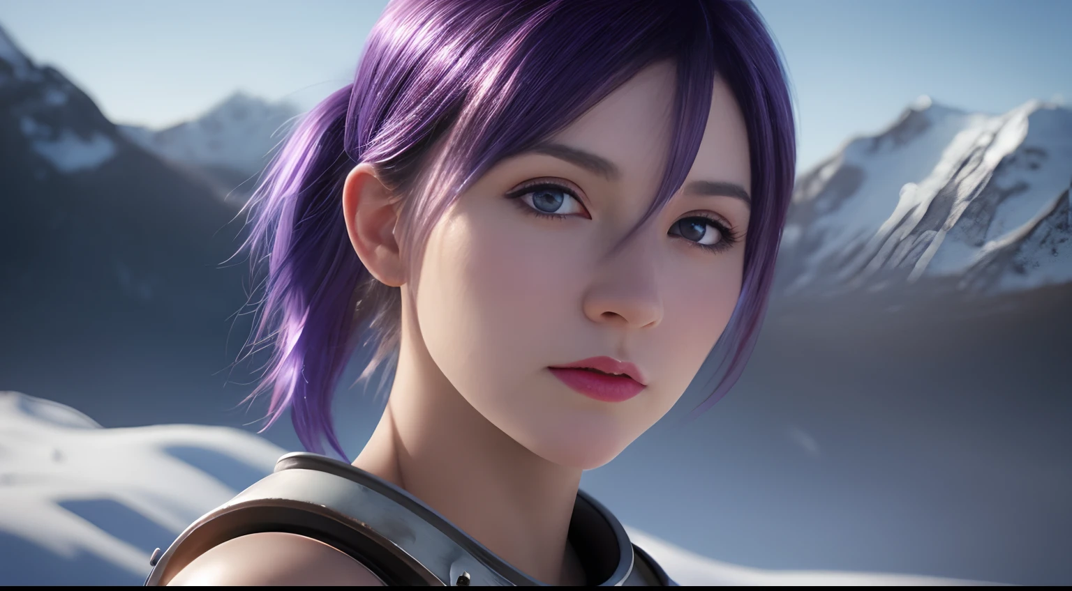 (Photo_(Medium):1.2), Antonio J. Manzanedo, Jeremy Lipking, 1girl in, Looking at the camera, (Facing the viewer:1.1), (Photorealistic:1.2), hyper realisitic, Photorealism, close-up, head and shoulder, Purple hair with rainbow stripes, Short hair, Ponytail, Bangs, Blue eyes, friendly, Eyelashes, Steampunk, Sleeveless, Subsurface skin scattering, snowy mountain background, symmetry, depth of fields, 8K, VFX, nffsw, nffsw