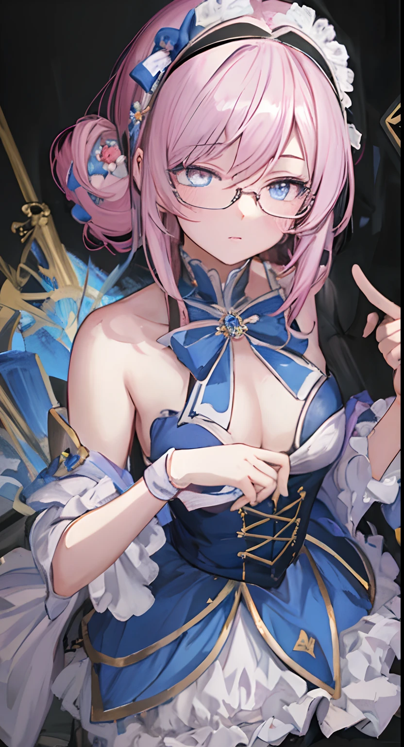 Anime,(masterpiece:1.5), (bestquality), highlydetailed, ultra-detailed, short hair,Half updo,pink hair, silver eyes,hairband,glasses,hair_bow,cute girl,small breasts,anime girl with pink hair and blue eyes holding a cell phone, seductive anime girl, with index finger, pixiv 3dcg, top rated on pixiv, alchemist girl, zerochan art, best anime 4k konachan wallpaper, anime moe artstyle, [ 4 k digital art ]!!, detailed digital anime art, ahegao, | fine detail anime