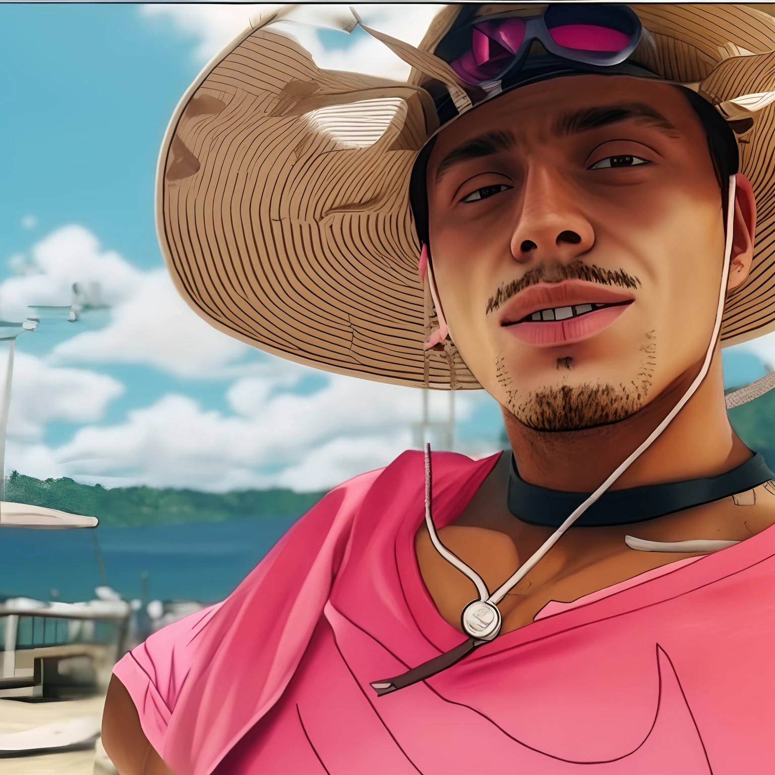 there is a man wearing a hat and a pink shirt, he is wearing a hat, estilo gta san andreas.