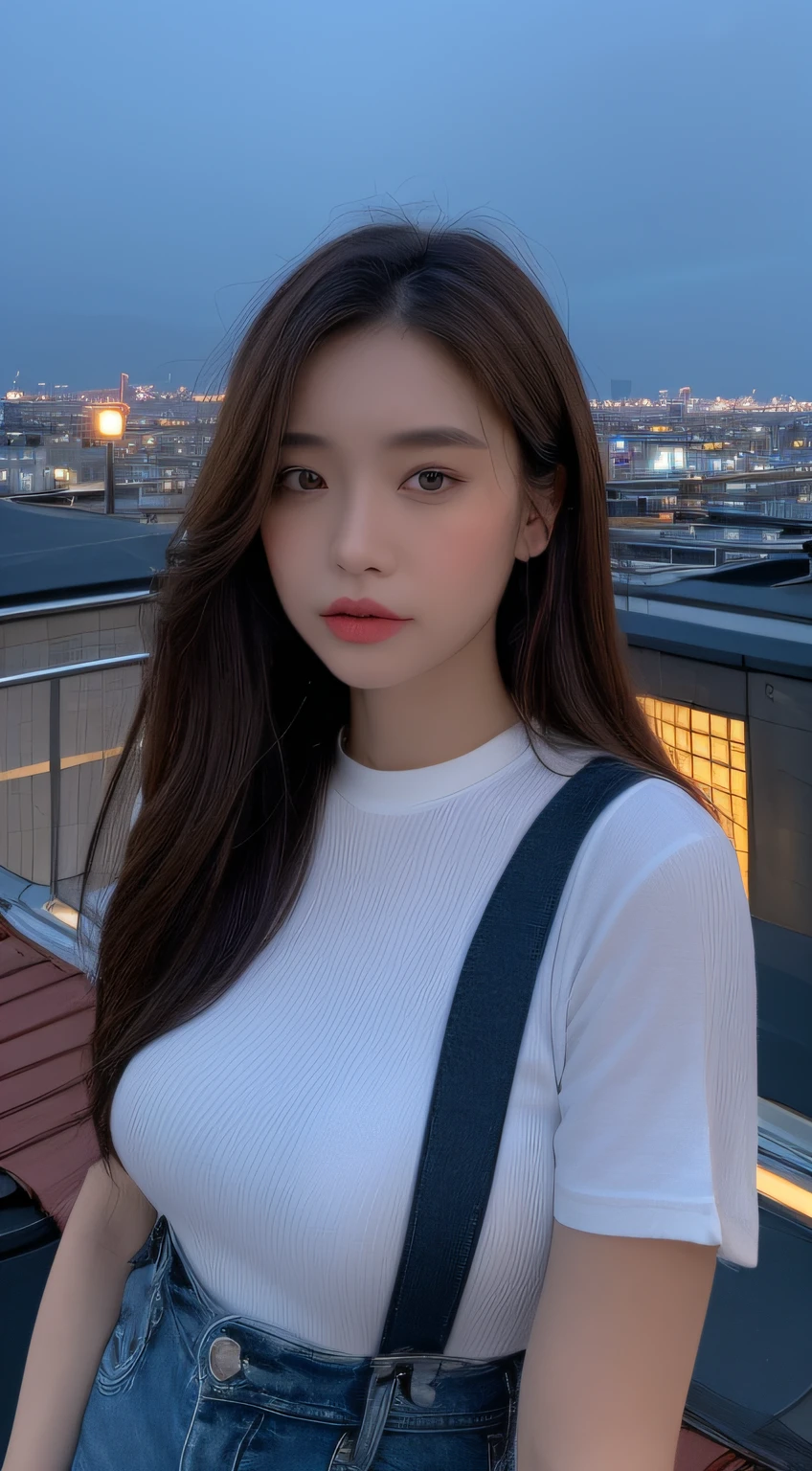 ((mid night、top-quality、8k、masterpiece:1.3)), full bodyesbian, long legged, foco nítido:1.2, Beautiful woman with perfect body shape:1.4, Slender Abs:1.1, ((dark brown hair、huge tit:1.2)), (White tight t-shirt、Jean Bib, is standing:1.2), ((Night City View、On the rooftop:1.3)), Highly detailed facial and skin texture, A detailed eye, 二重まぶた、karaoke