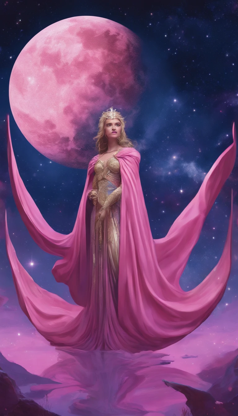 A distant cosmic being, standing with a pink cloak, below an inverted U-shaped portal. The feminine cosmic being with SWORD on the watery ground in one hand and a LANTERN in the other hand, facing the portal and back to the screen, against a background of nigth violet, blue, and purple, a sky full of stars, with a large, bright Full Moon.