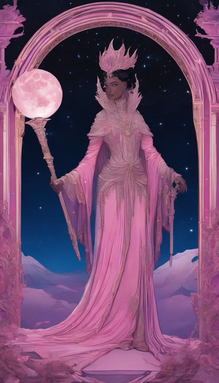 A distant cosmic being, standing with a pink cloak, below an inverted U-shaped portal. The feminine cosmic being with SWORD on the watery ground in one hand and a LANTERN in the other hand, facing the portal and back to the screen, against a background of nigth violet, blue, and purple, a sky full of stars, with a large, bright Full Moon.