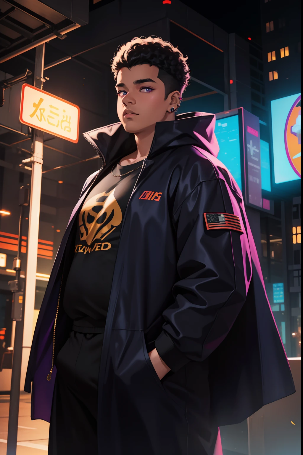 in the style of cyberpunk futurism, 1boy, man, young, , fat, obese, overweight, black skin, tanned skin, single male, curly hair, short hair, overcut hair, black hair, purple eyes, golden ear piercing, death eyes, navy blue cloak, casual clothes, sunset far off in background, film lighting, film shading, 4k, uhd, high definition, super detailed,downard angle, steelpunk, magical school background