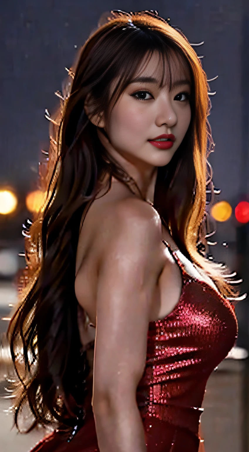 top-quality。8K-Picture。Ultra-high pixel。The background is the city at night。girl with。hair is long and slightly wavy,,,,,,,,,,,,,,,,,,,,,,,,,,,。The color is dark brown。Glamour style、((amazingly massive breasts:1.8))。wearing red dress、Photos dancing brilliantly。Delicate finish overall。The body line is gorgeous。legs are long、Wear red high heels。Hair shines like a reflection of the street。The eyeball reflects the surrounding landscape。The skin is wet with night dew。Almost perfect woman。