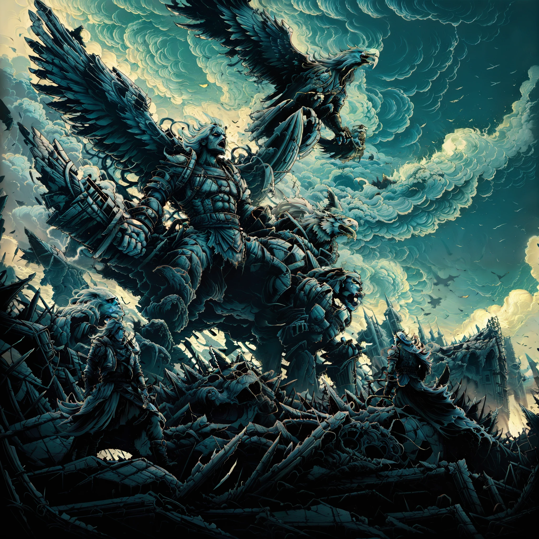 Brutal Torrent, light blue sky and white buffy clouds, angry eagles, best quality, masterpiece