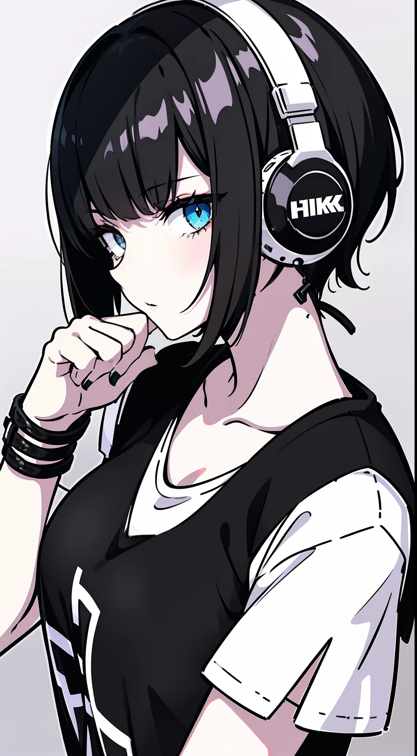 girl, side portrait, Black and white, Messy short hair, Edgy accessories,sporty style, Casual T-shirt, Confident gaze, Monochrome color scheme, Looking to the side, Chic street fashion, Casual hand pose in pocket,Head,((a person)),Over-ear headphones, Large ear cups,Luxury shorthair,a blond, high-heels, Leather boots