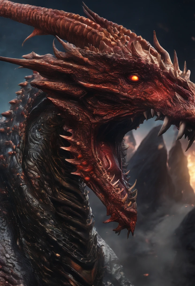 (Dragon Celestial Dorado) で (piercing red eyes),Close-ups to let go (Bloodfire) Through the nose,Bullmetric Scale,hightquality,8K,Many details,Fire Paticles,Alas,4 honji,Spotted nails,golds,danger,the fire,sharpteeth,Giant dragon,Colossal,threatening,imposing,Blue Scale
