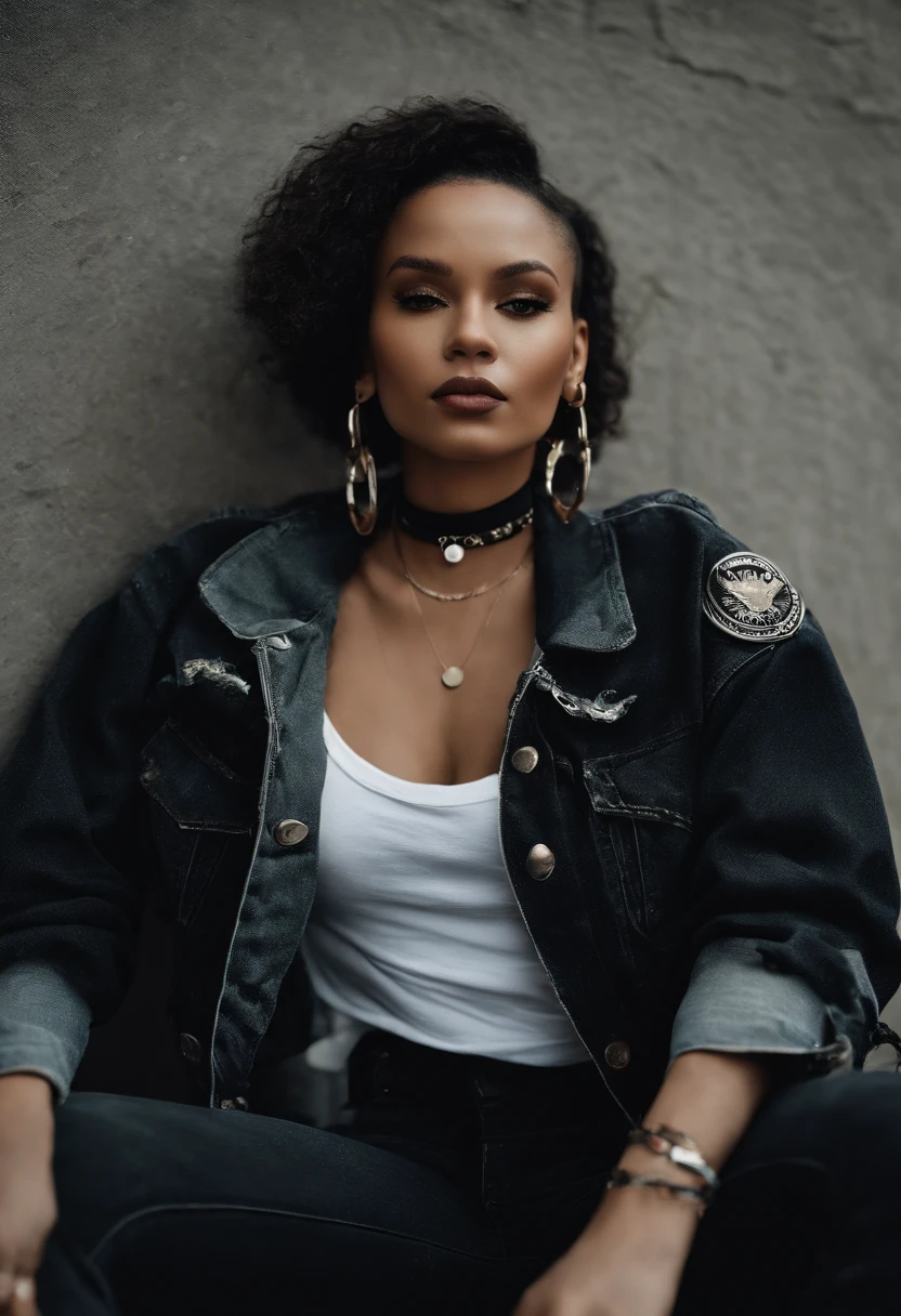 (masterpiece:1.2, best quality), (1lady, solo, upper body:1.2), Hair: buzz cut, Clothing: oversized, distressed denim jacket with patches and pins, paired with black skinny jeans and combat boots, Accessories: silver hoop earrings and a black choker necklace, Hanging out in an underground music venue or street art exhibit