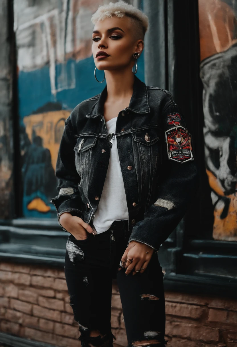 (masterpiece:1.2, best quality), (1lady, solo, upper body:1.2), Hair: buzz cut, Clothing: oversized, distressed denim jacket with patches and pins, paired with black skinny jeans and combat boots, Accessories: silver hoop earrings and a black choker necklace, Hanging out in an underground music venue or street art exhibit